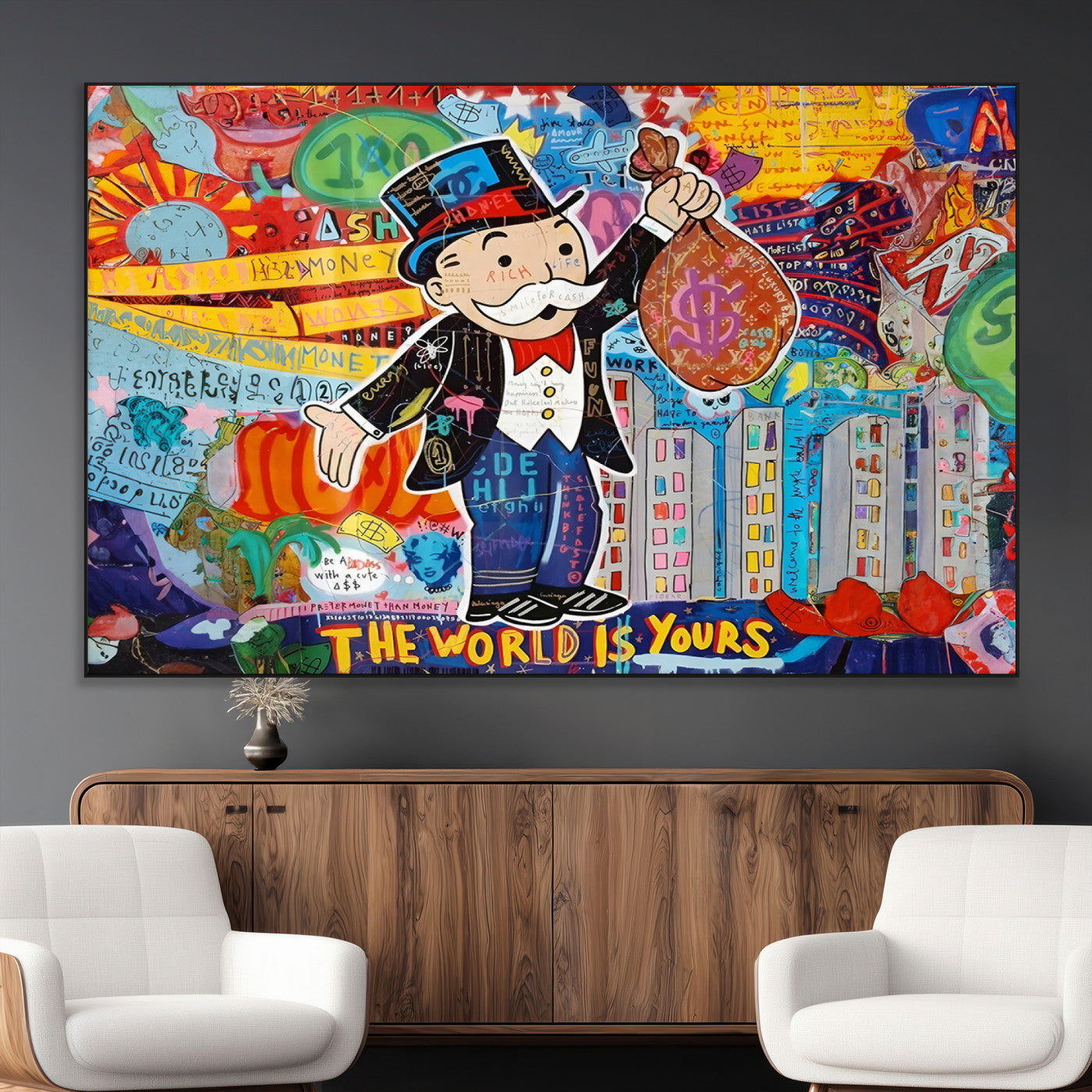 SEG-FC-51X34_Oversize - Pop Art Monopoly Man Canvas Wall Art Print - Bold and Colorful Street Art-Inspired Decor for Living