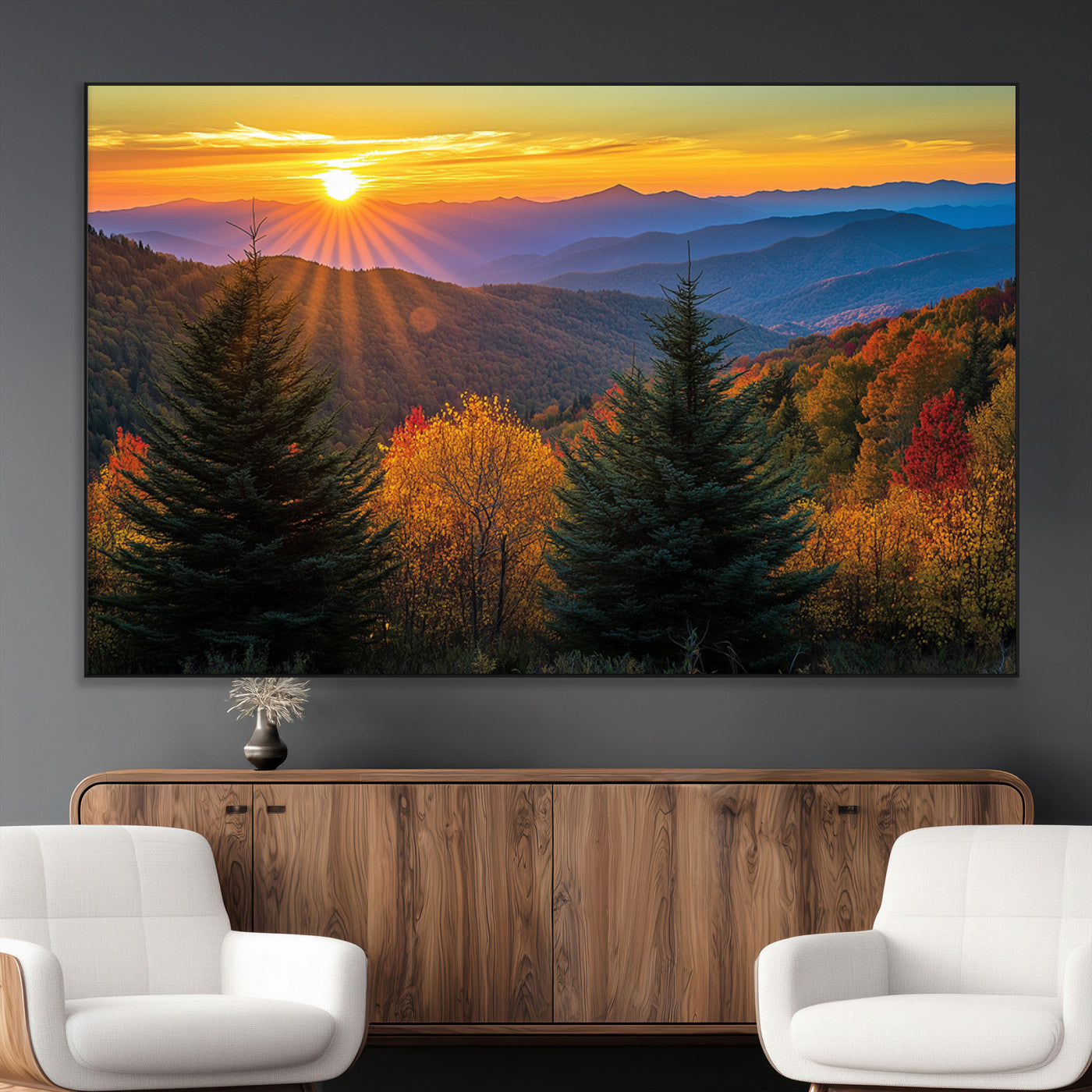 SEG-FC-51X34_Oversize - Golden Sunset Over Mountain Forest Canvas Wall Art Print - Warm Nature-Inspired Landscape for Living