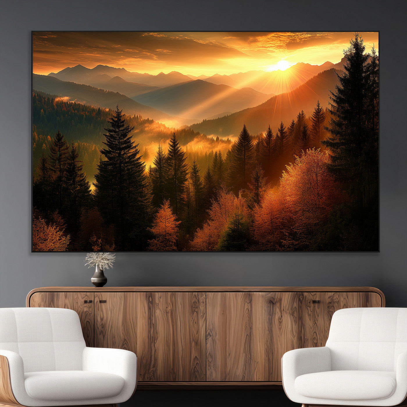 SEG-FC-51X34_Oversize - Golden Sunset Over Mountain Forest Canvas Wall Art Print - Warm Nature Landscape Print