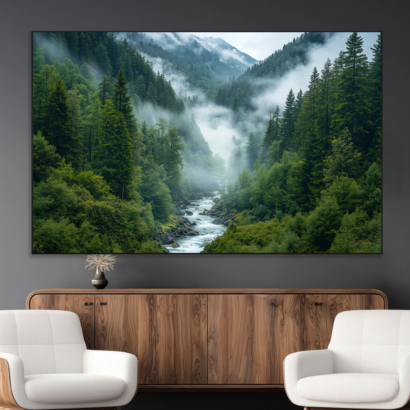 SEG-FC-51X34_Oversize - Mountain Forest River Canvas Wall Art Print - Serene Nature Landscape for Living Room, Office, or