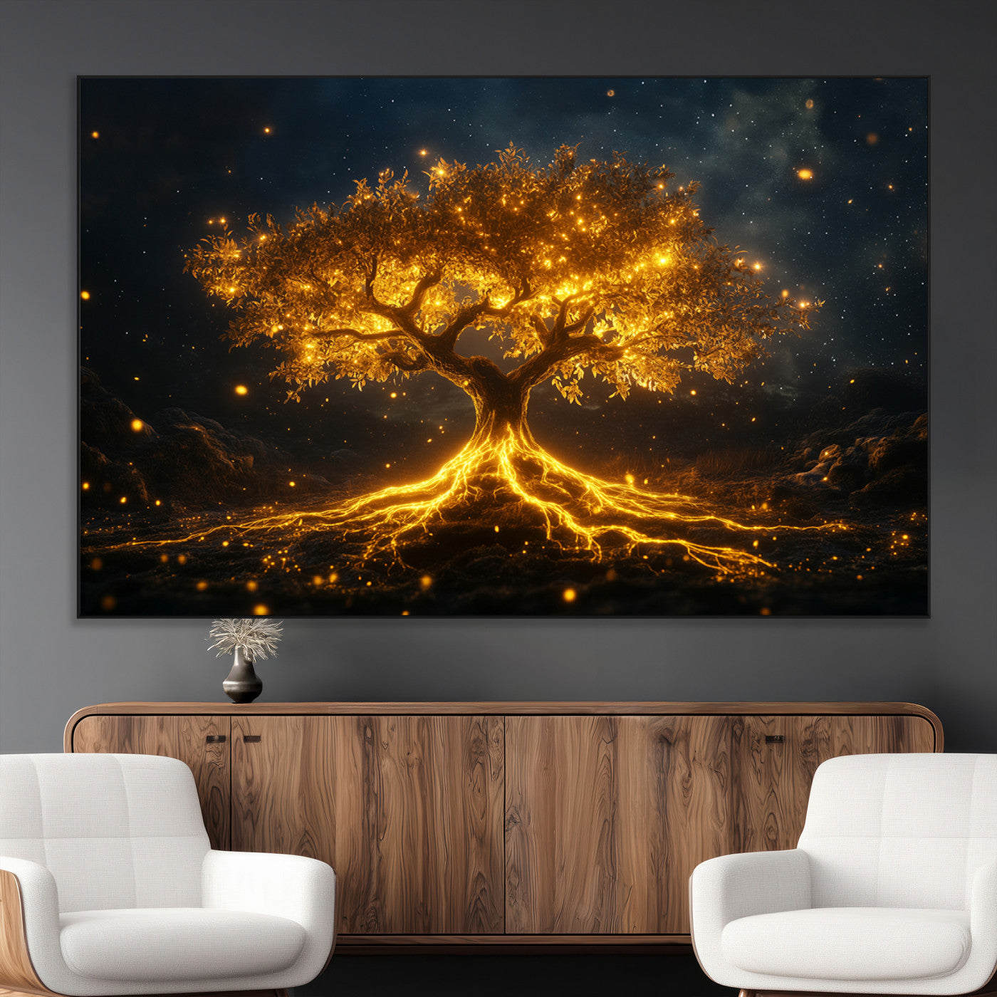 SEG-FC-51X34_Oversize - Golden Tree of Life Canvas Wall Art Print - Majestic Glowing Tree Design for Living Room, Office, or