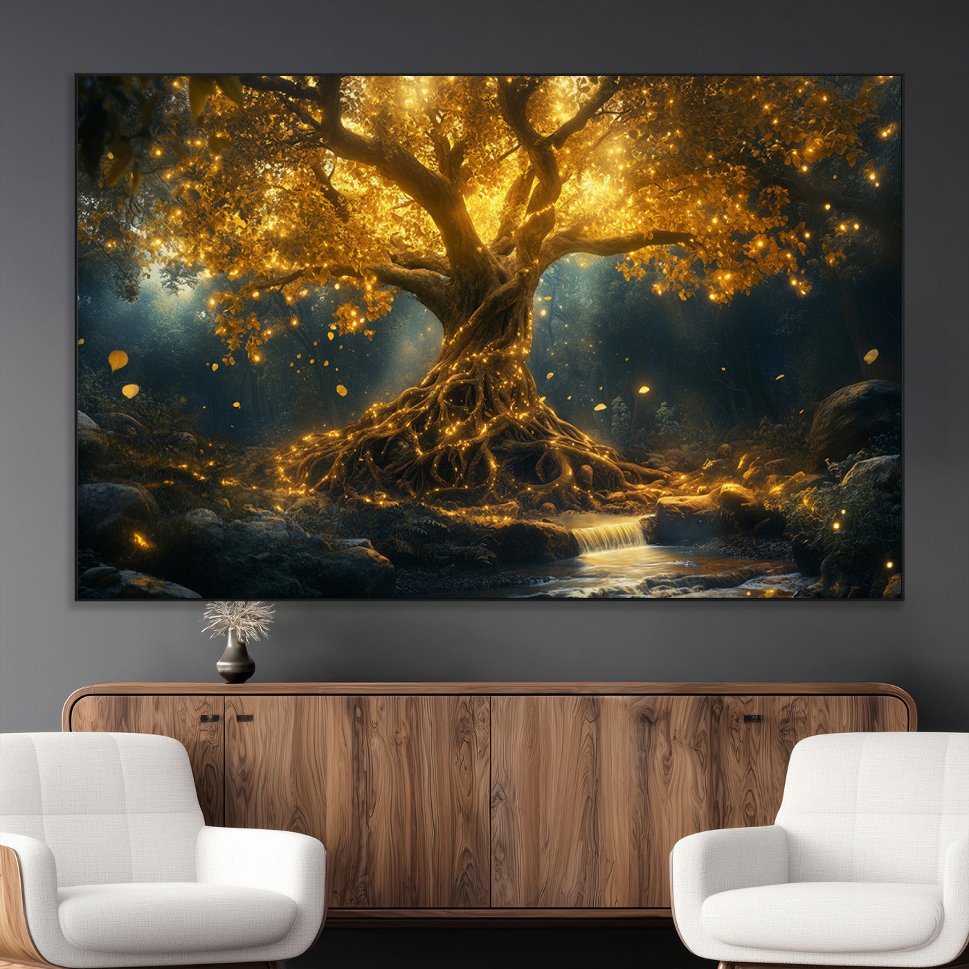SEG-FC-51X34_Oversize - Golden Tree of Life Canvas Wall Art Print - Majestic Glowing Tree Wall Art Print