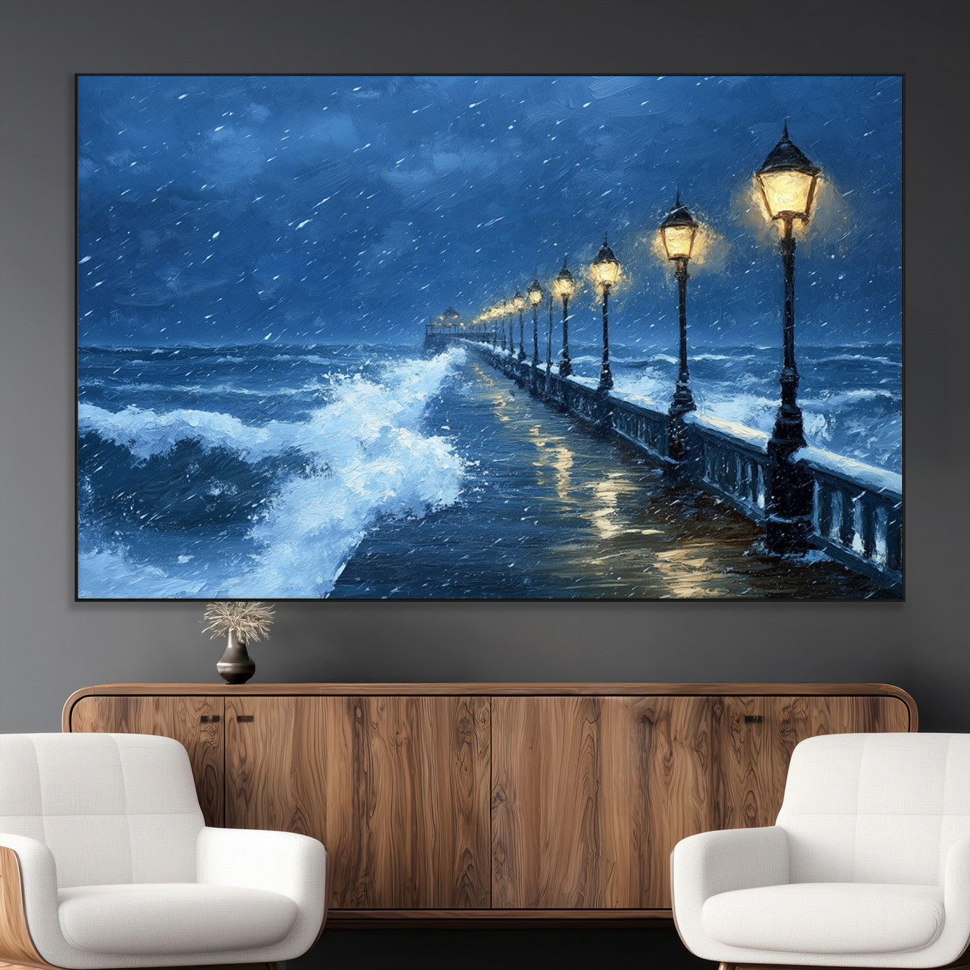 SEG-FC-51X34_Oversize - Stormy Ocean Pier Lights Canvas Wall Art Print - Large Moody Night Scene for Living Room, or Office,
