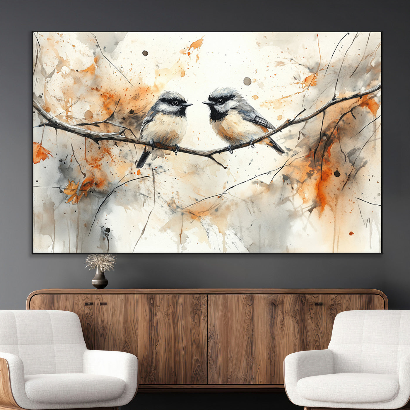 SEG-FC-51X34_Oversize - Abstract Watercolor Chickadee Bird Canvas Wall Art Print - Large Bird and Branch Wall Art, Modern