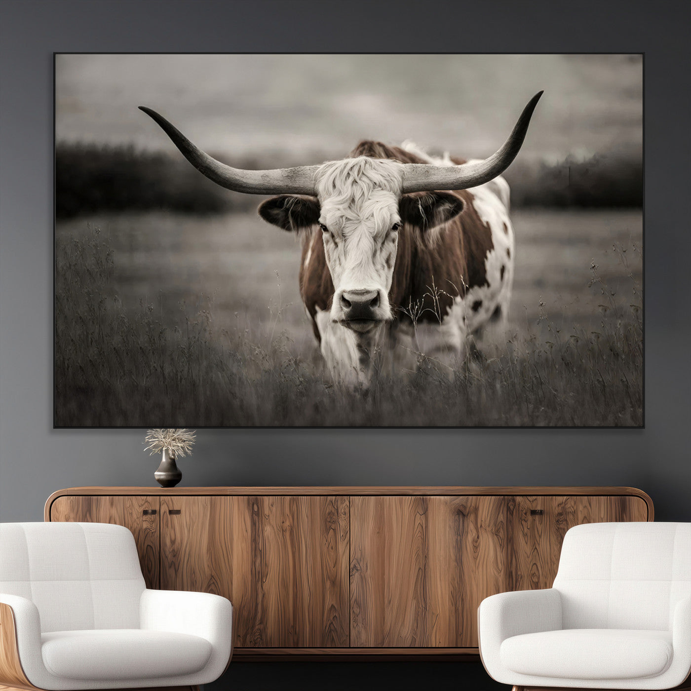 SEG-FC-51X34_Oversize - Texas Longhorn Cow Canvas Wall Art Print - Large Rustic Longhorn Art for Living Room, Western Wall