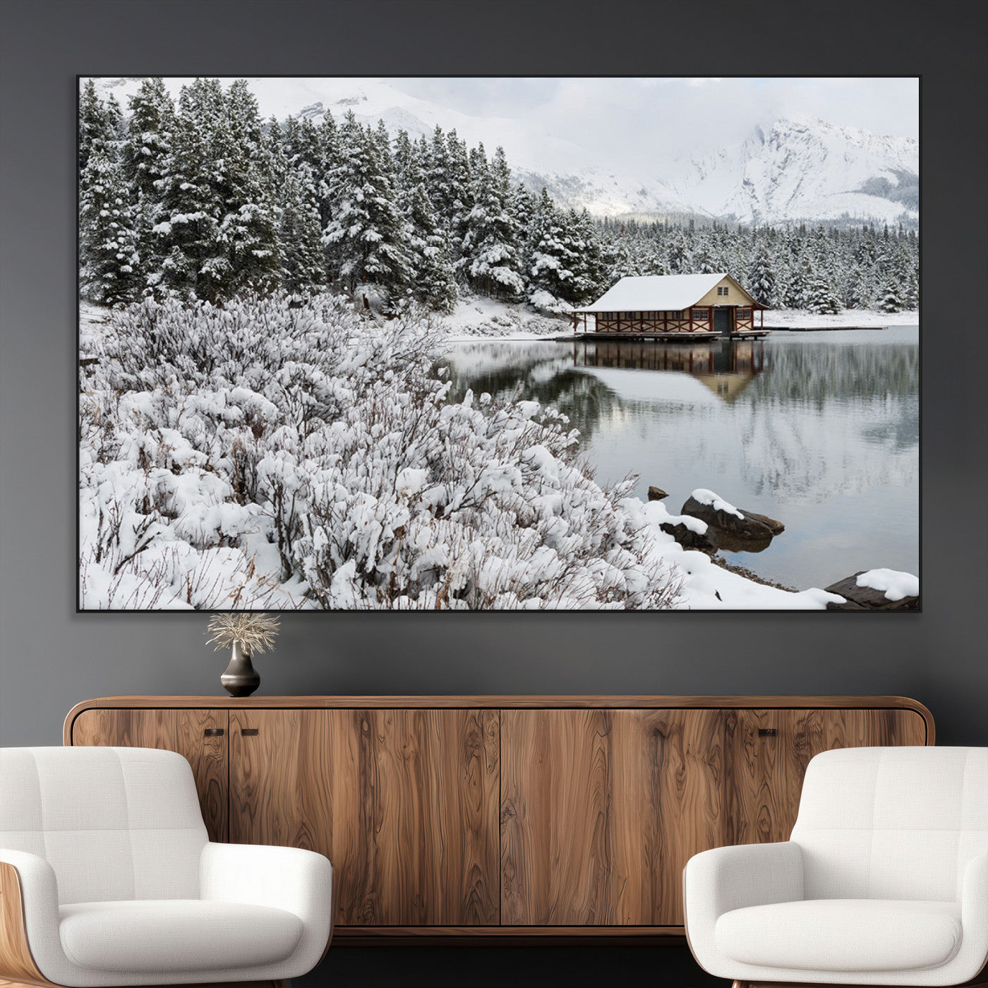 SEG-FC-51X34_Oversize - Winter Wall Art - Cabin by the Lake Canvas Wall Art - Serene Snowy Landscape with Mountain View,
