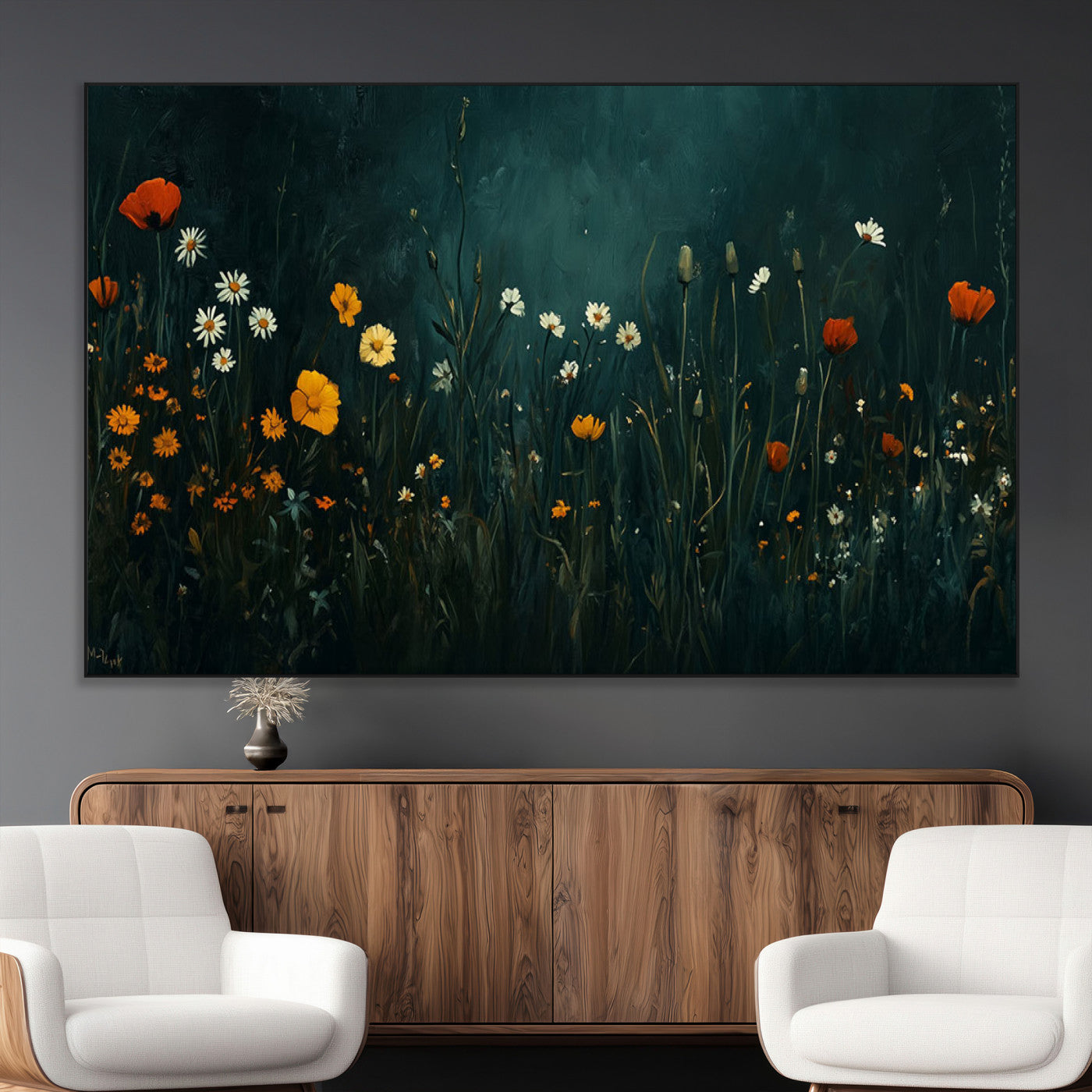 SEG-FC-51X34_Oversize - Framed Wildflower Field Wall Art, Framed Vintage Botanical Landscape Sign, Floral Decor, Modern