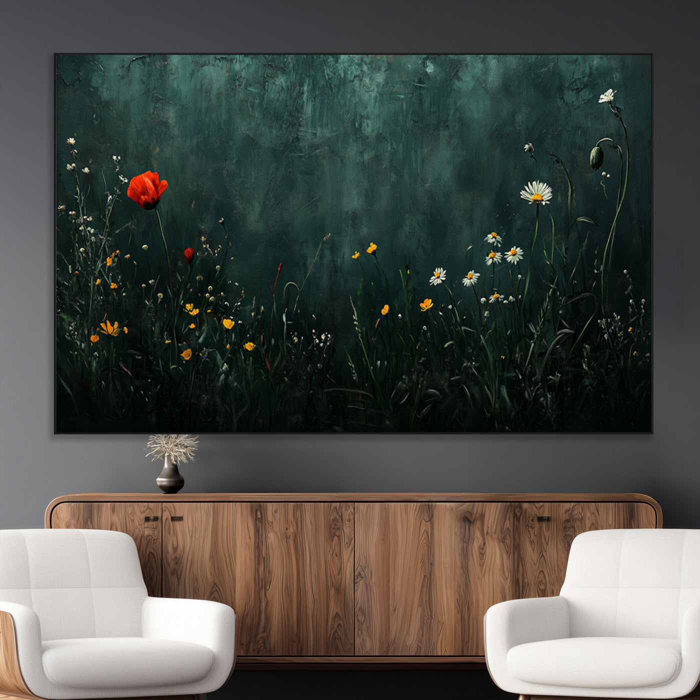 SEG-FC-51X34_Oversize - Wildflower Field Framed Wall Art, Vintage Botanical Landscape Sign, Botanical Wall Art, Modern