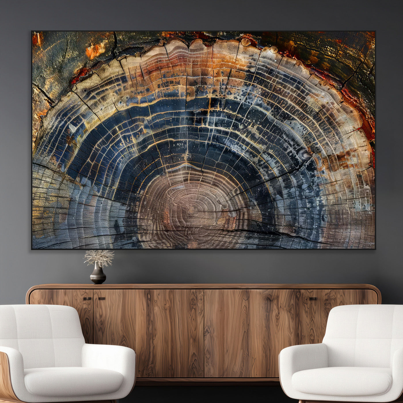 SEG-FC-51X34_Oversize - Framed Tree Ring Wall Art - Abstract Colorful Tree Ring Wall Decor, Minimalist Home Canvas Art,