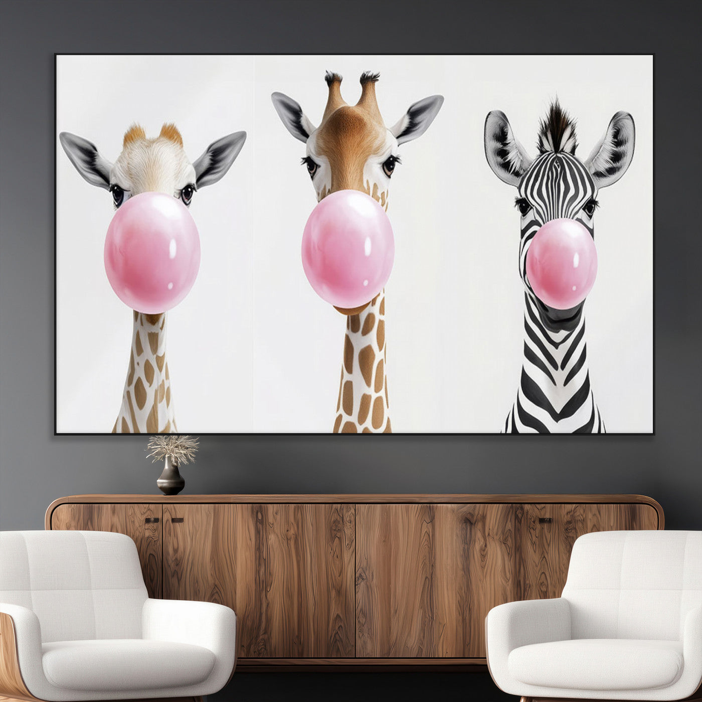 SEG-FC-51X34_Oversize - Bubblegum Animals Canvas Wall Art - Playful Giraffe and Zebra Trio, Fun Nursery Decor for Kids'