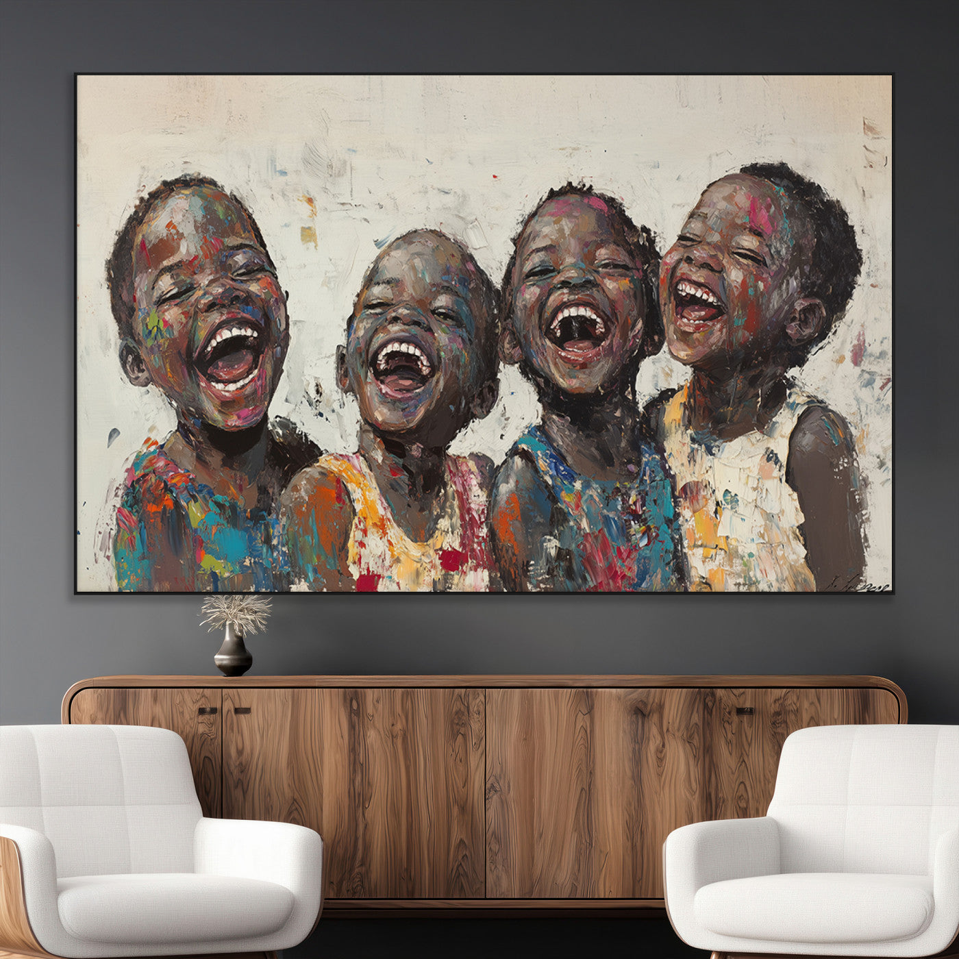 85256-MGV-CV-36X24-Shai Yossef Print - Joyful Childhood Canvas Wall Art - Expressive Impasto Painting of Laughing