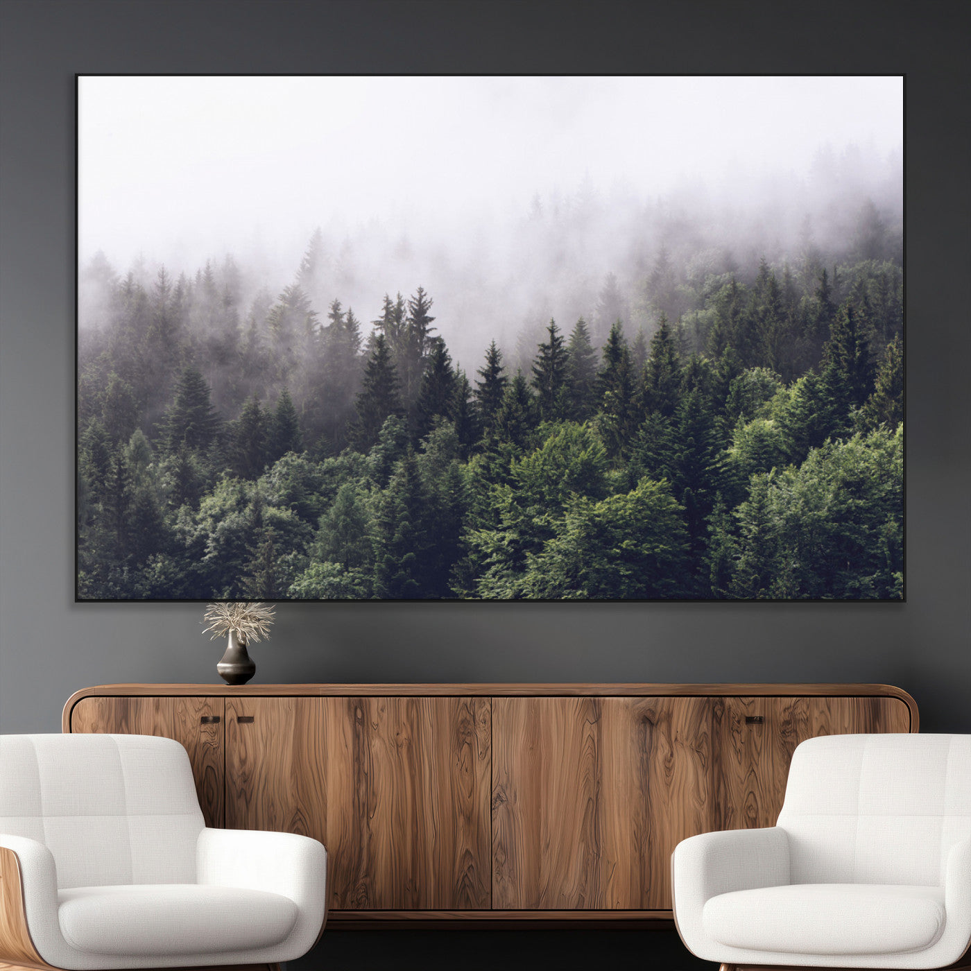 SEG-FC-51X34_Oversize - Misty Forest Wall Art | Foggy Forest Canvas Print | Large Nature-Inspired Misty Tree Landscape for