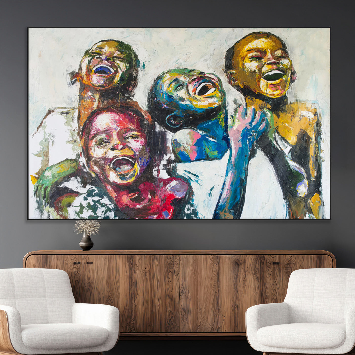 SEG-FC-51X34_Oversize - Shai Yossef Style Canvas Art - Joyful African Black Kids Impasto Painting with Vibrant Brushstrokes,