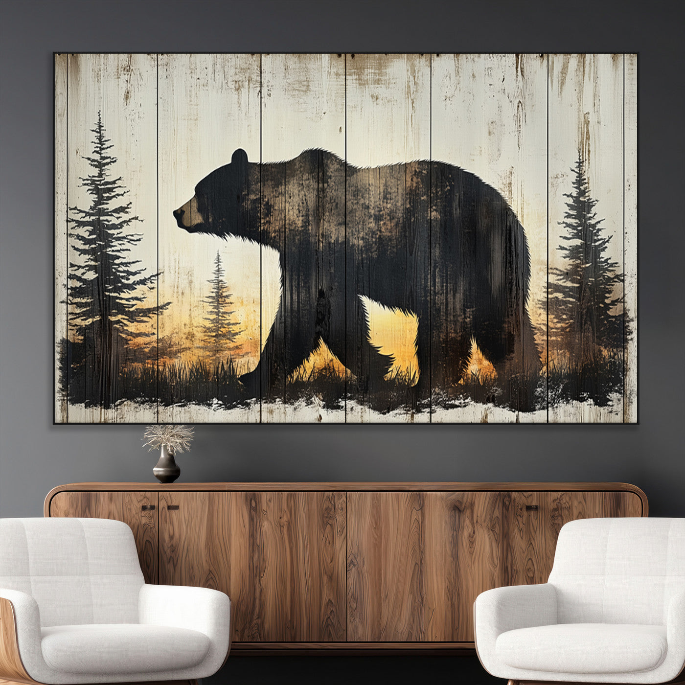 83875-MGV-CV-36X24-Vintage Bear Wall Art Canvas Print for Farmhouse - Mountain Wood Canvas Wall Art - Forest Silhouette