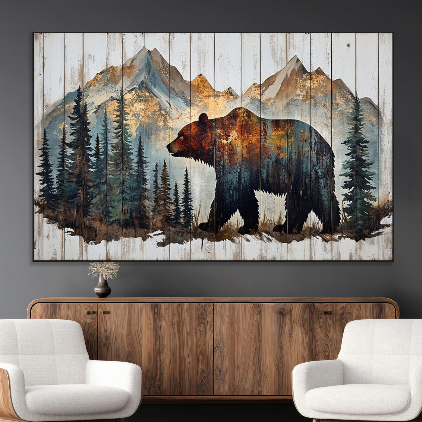 55777-MGV-CV-36X24-Rustic Grizzly 399 Bear and Mountain Wood Canvas Wall Art - Framed Nature Artwork with Forest