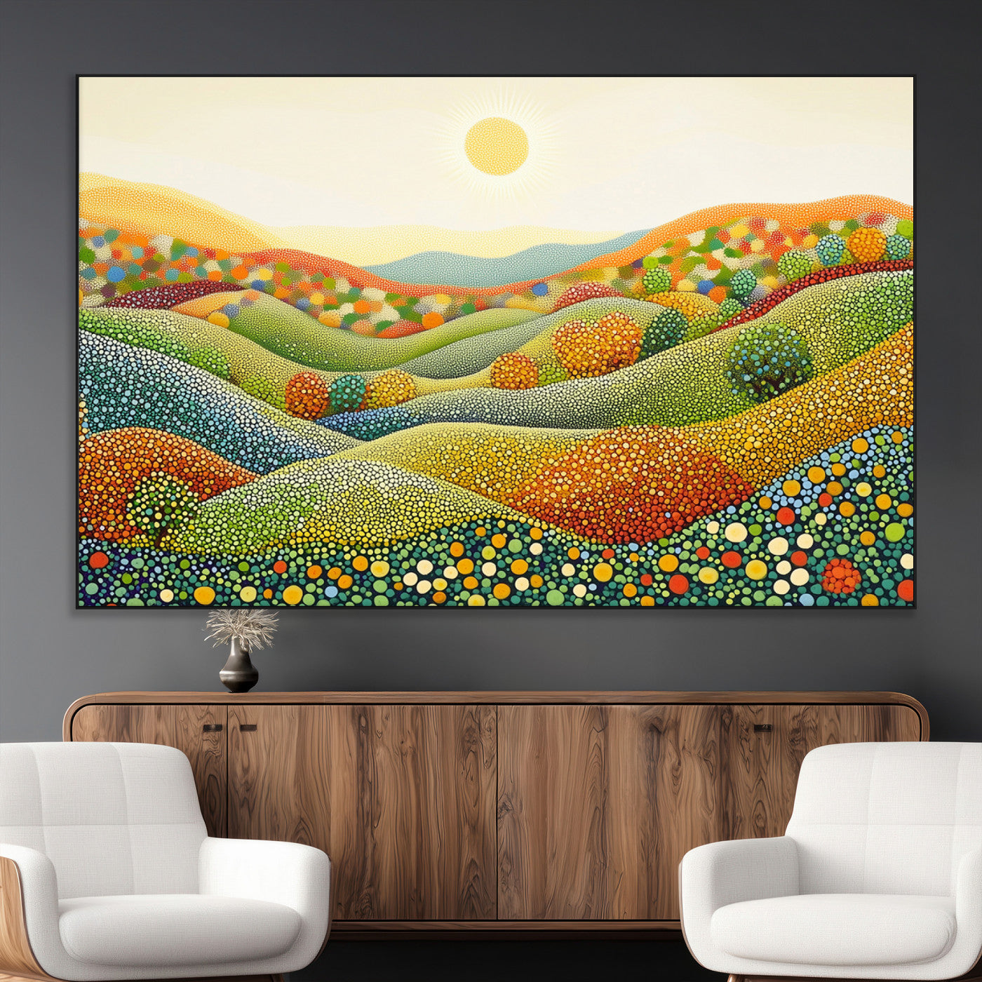 SEG-FC-51X34_Oversize - YAYOI KUSAMA Colorful Dot Art Landscape Canvas - Framed Abstract Pointillism Inspired by Nature with