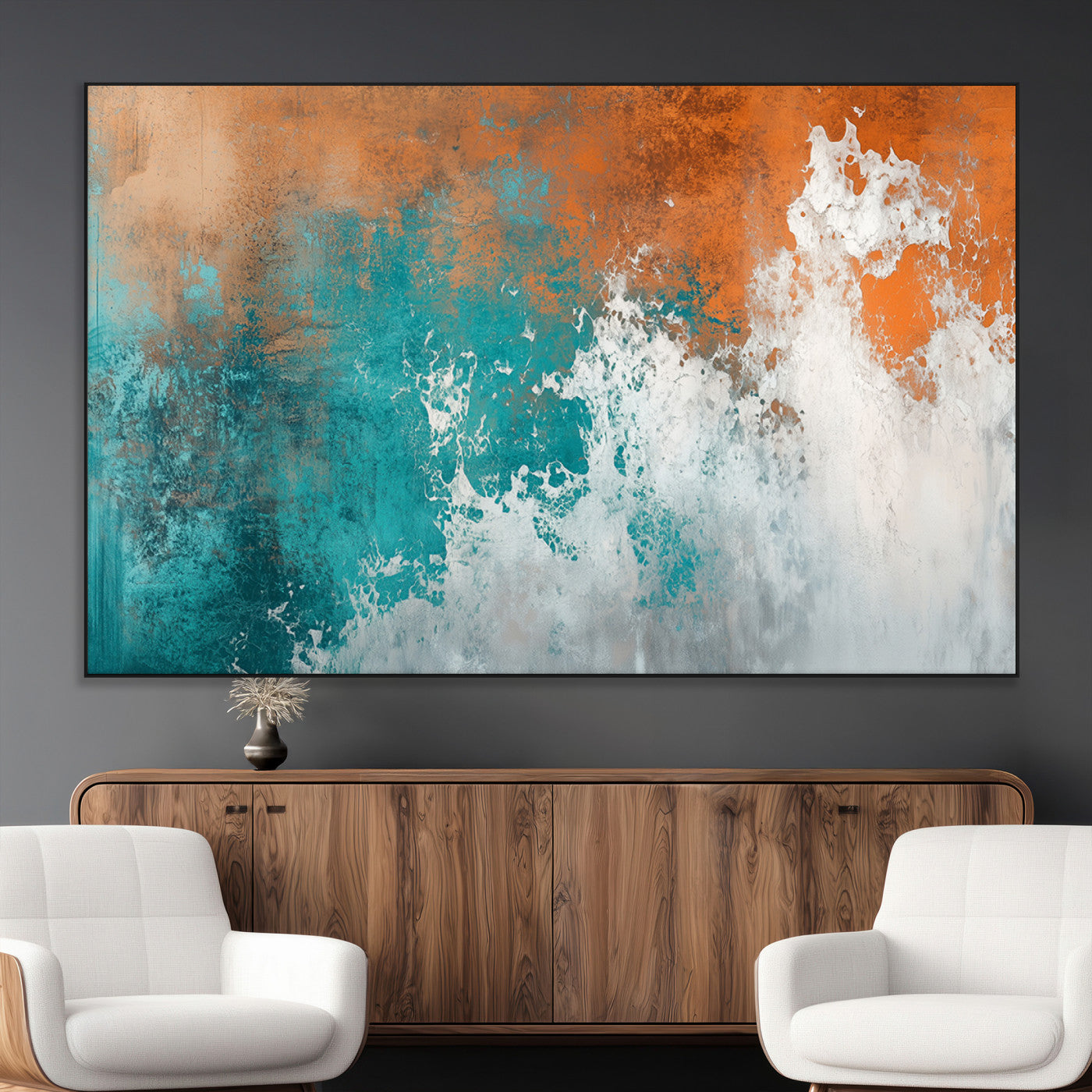 SEG-FC-51X34_Oversize - Vintage Abstract Print - Bold Teal and Orange Canvas Wall Art - Retro-Vintage Abstract Orange Canvas