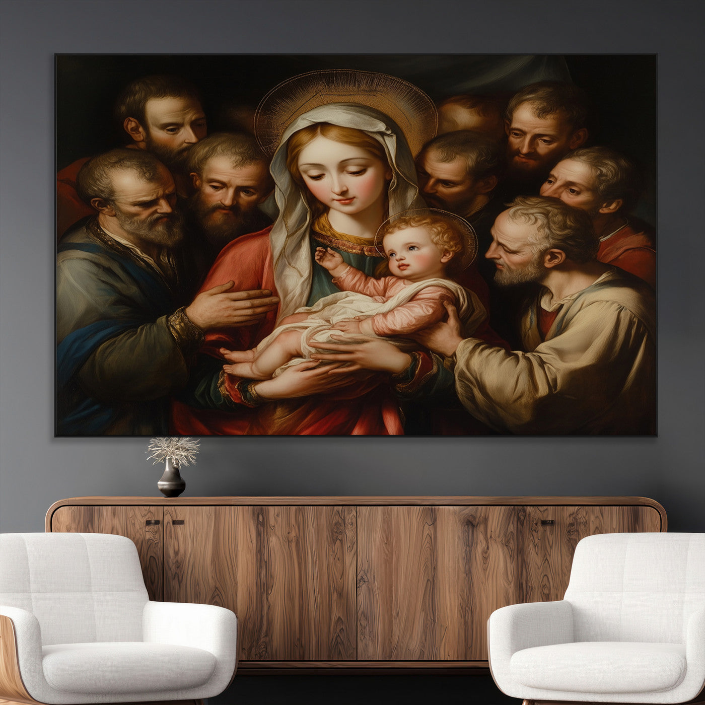 SEG-FC-51X34_Oversize - Religious Canvas Wall Art Print - Madonna and Child with Apostles Art Print - Classic Christian