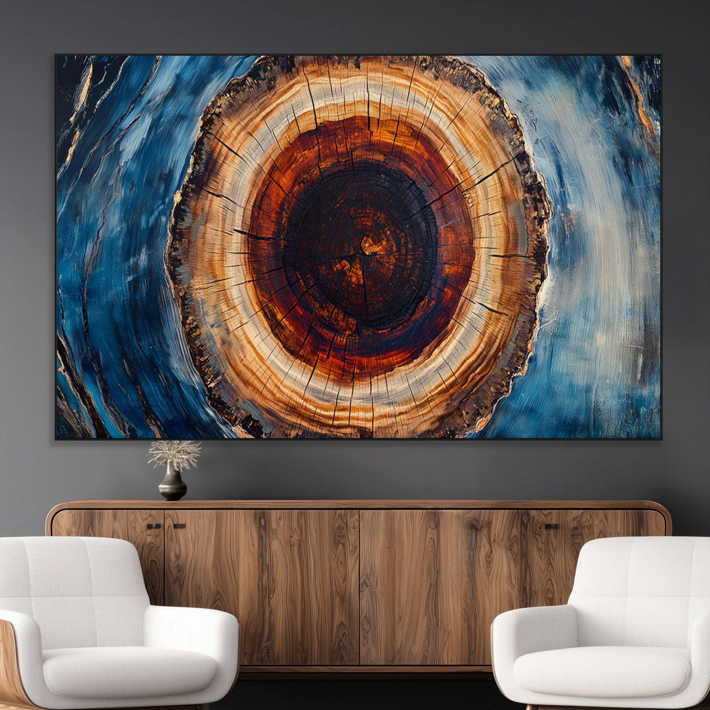 SEG-FC-51X34_Oversize - Framed Abstract Tree Ring Wall Art Print, Natural Rustic Wood Texture Canvas Print, Wood Tree Stump