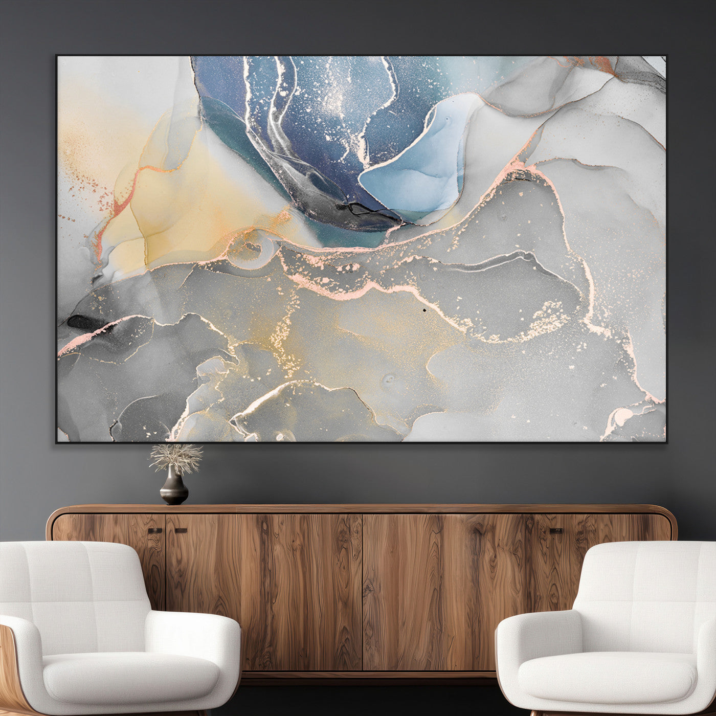 SEG-FC-51X34_Oversize - Large Abstract Blue and Gold Canvas Wall Art | Fluid Ink Artwork Print | Luxury Wall Decor for