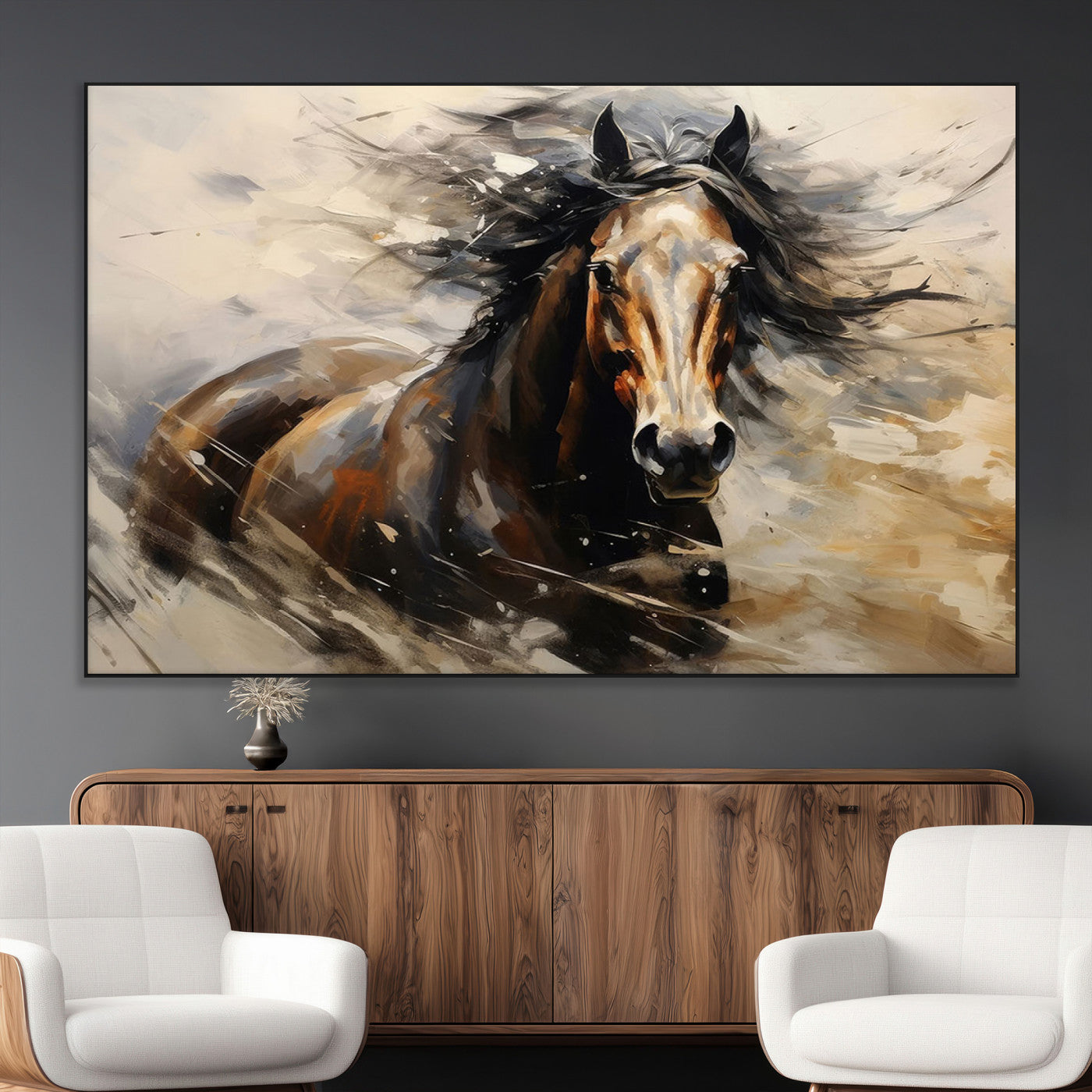 SEG-FC-51X34_Oversize - Abstract Wall Art Horse Print - Large Western Horse Canvas - Farmhouse Woodland Wall Art - Framed