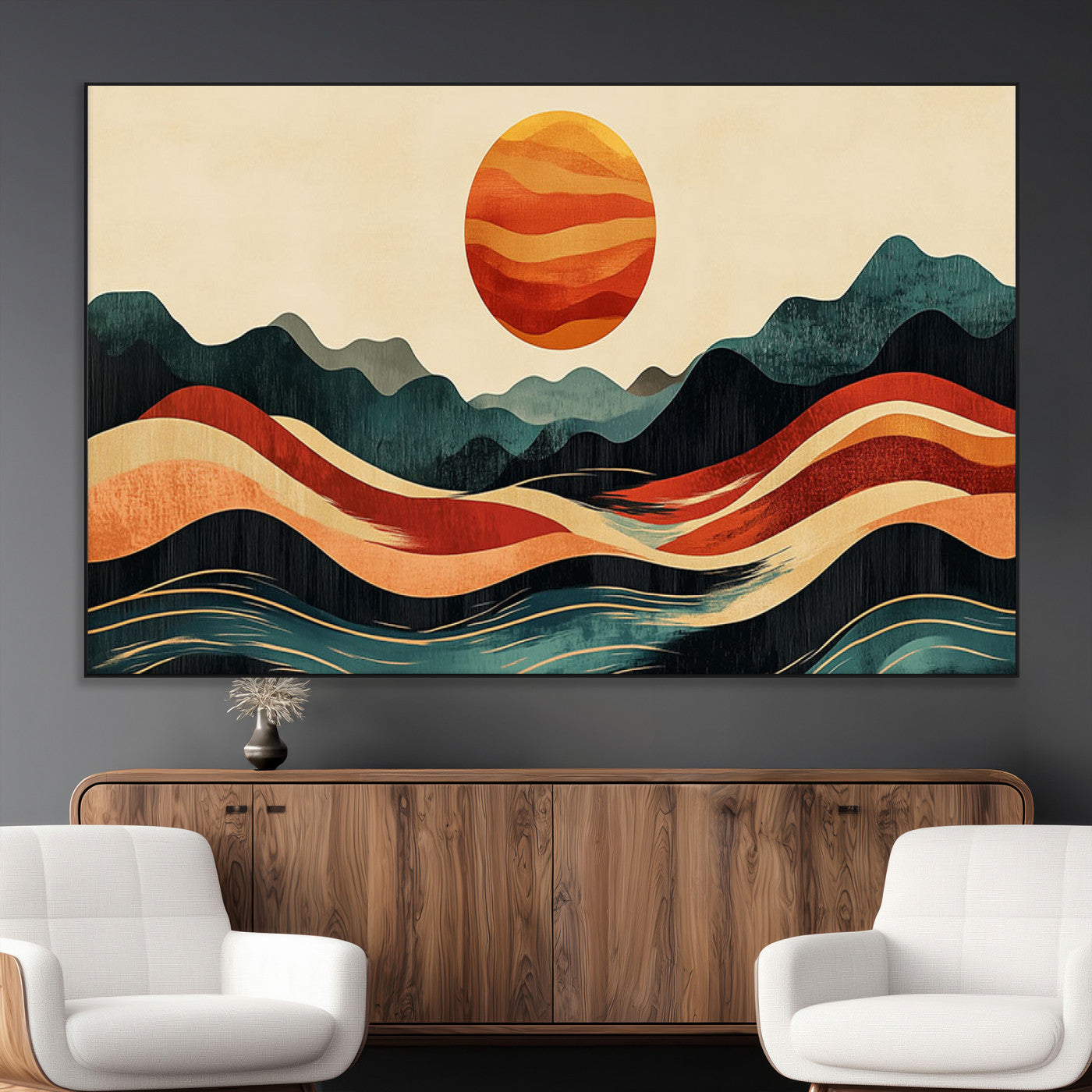 SEG-FC-51X34_Oversize - Mountain Triptych Wall Art - Western Nature Prints - Framed Boho Pine Tree Canvas for Log Cabin or