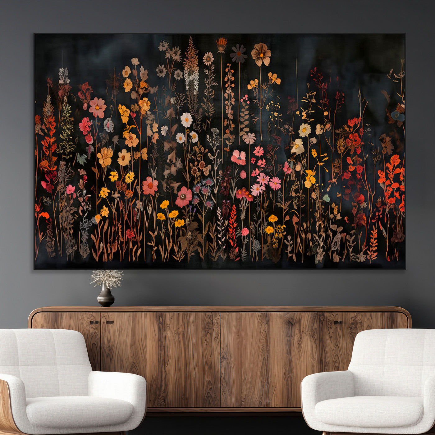 SEG-FC-51X34_Oversize - Dark Floral Canvas Wall Art - Moody Botanical Flower Print - Rustic Floral Wall Decor for Home -
