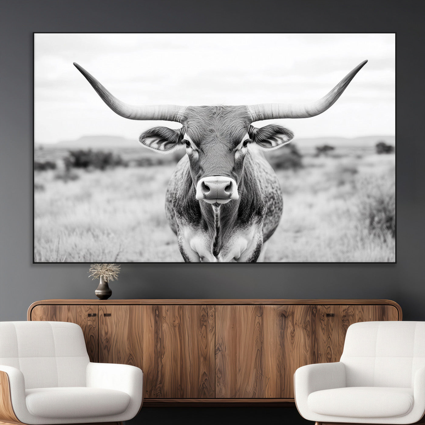 SEG-FC-51X34_Oversize - Highland Cow Wall Art Print - Black and White Texas Western Longhorn Canvas - Farmhouse Decor Print