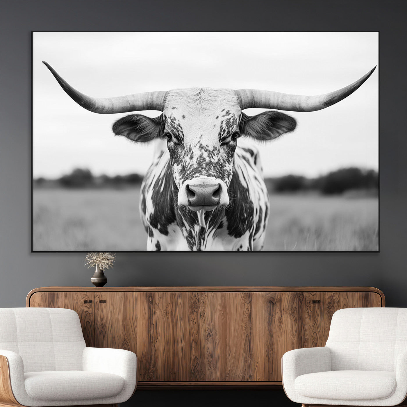 SEG-FC-51X34_Oversize - Highland Cow Wall Art - Black and White Western Longhorn Canvas Print - Farmhouse Living Room Decor