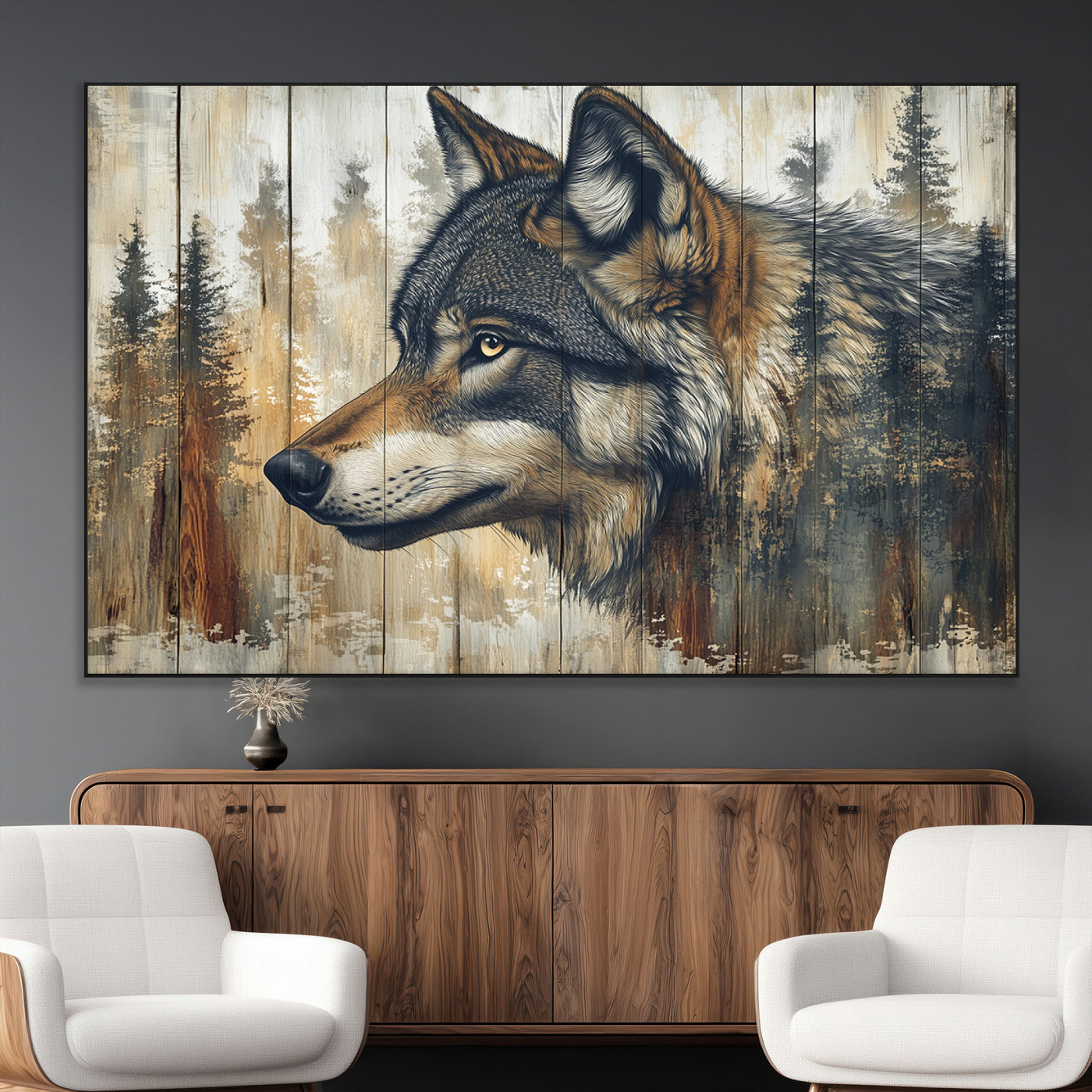 SEG-FC-51X34_Oversize - Rustic Wolf Wall Art Canvas Print, Vintage Woodland Wolf Wall Art