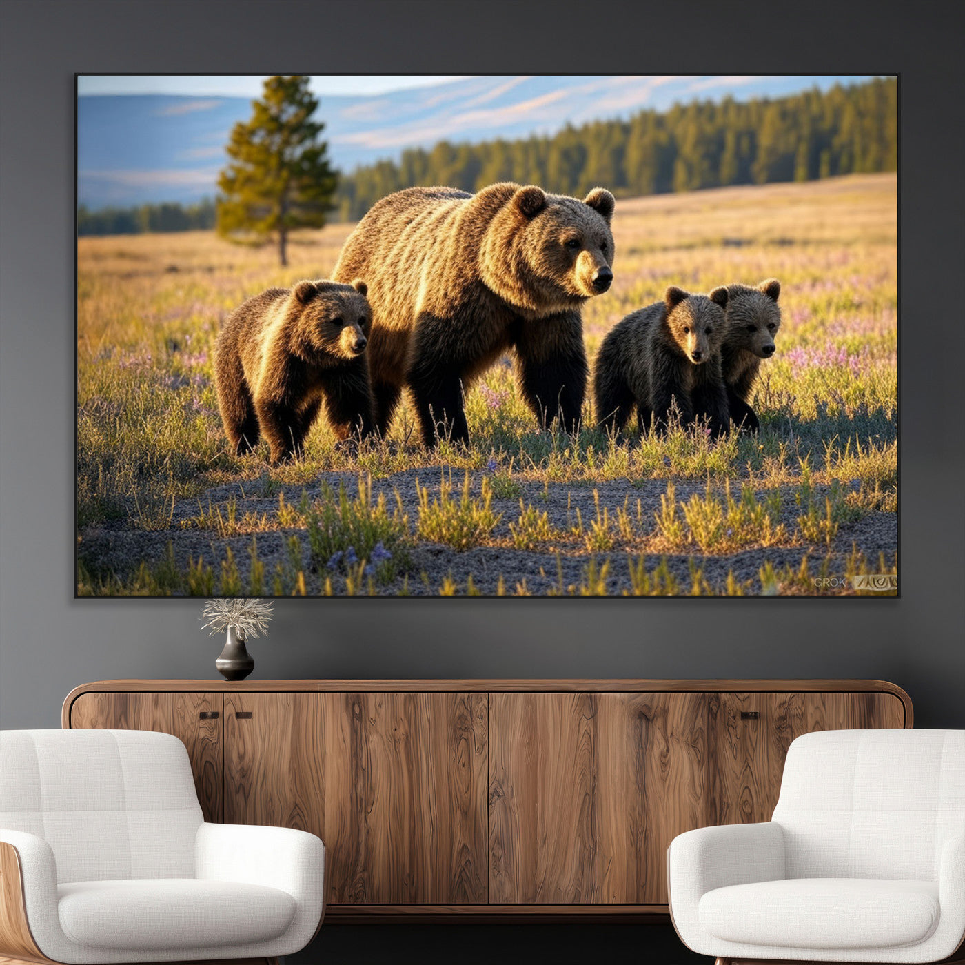 SEG-FC-51X34_Oversize - Grizzly 399 in Wild Flowers Wall Art Canvas Print, Grizzly Bears Wall Art, Queen of Grand Teton