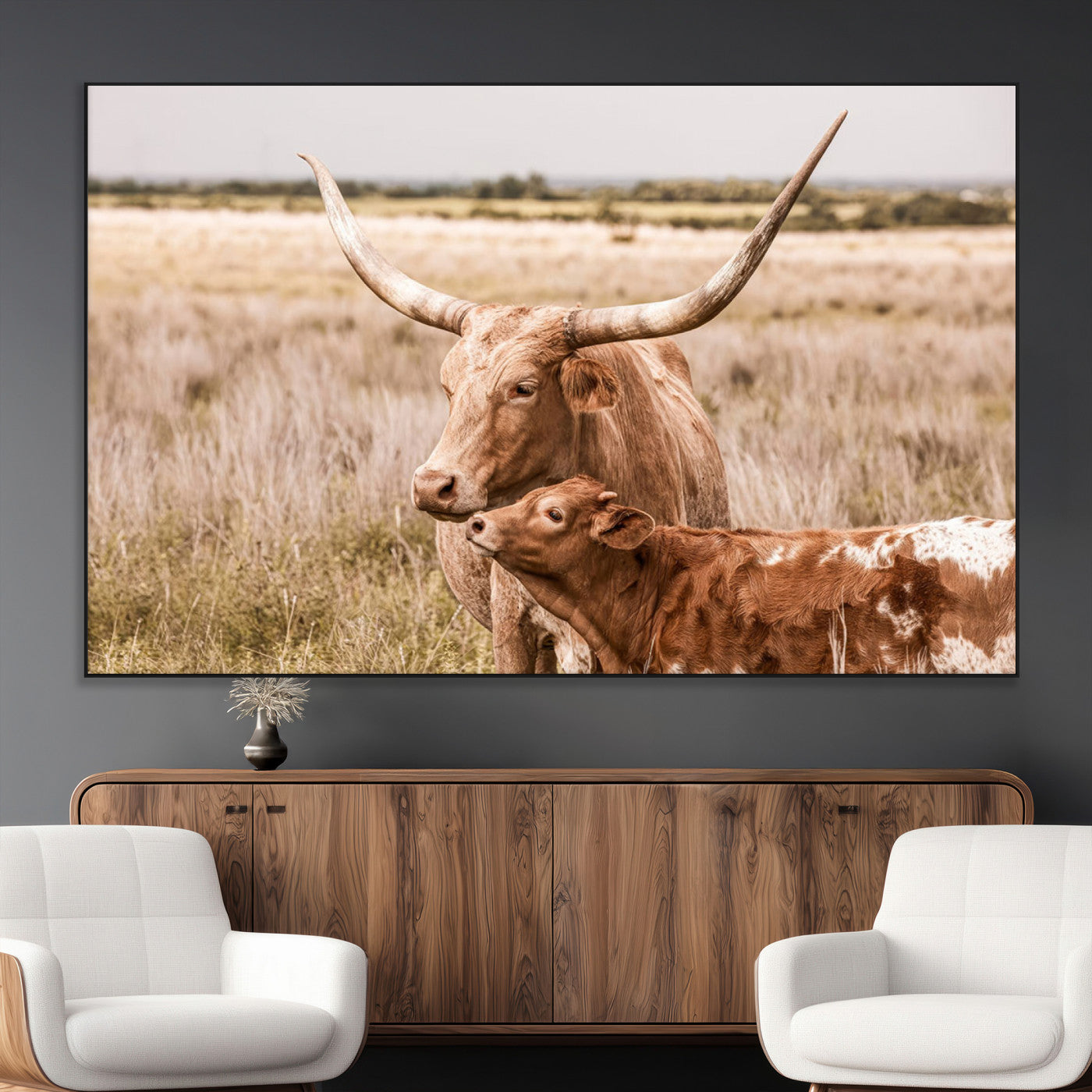 SEG-FC-51X34_Oversize - Texas Longhorn Cow Wall Art Canvas Print for Farmhouse Wall Art, Texas Decor, Western Wall Art Print