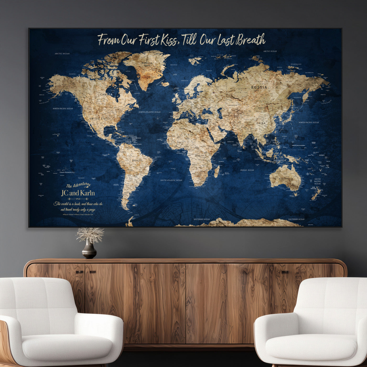 SEG-FC-51X34_Oversize - Push Pin World Map Canvas Print – Framed Wall Art for Couples to Track Their Travels – Anniversary