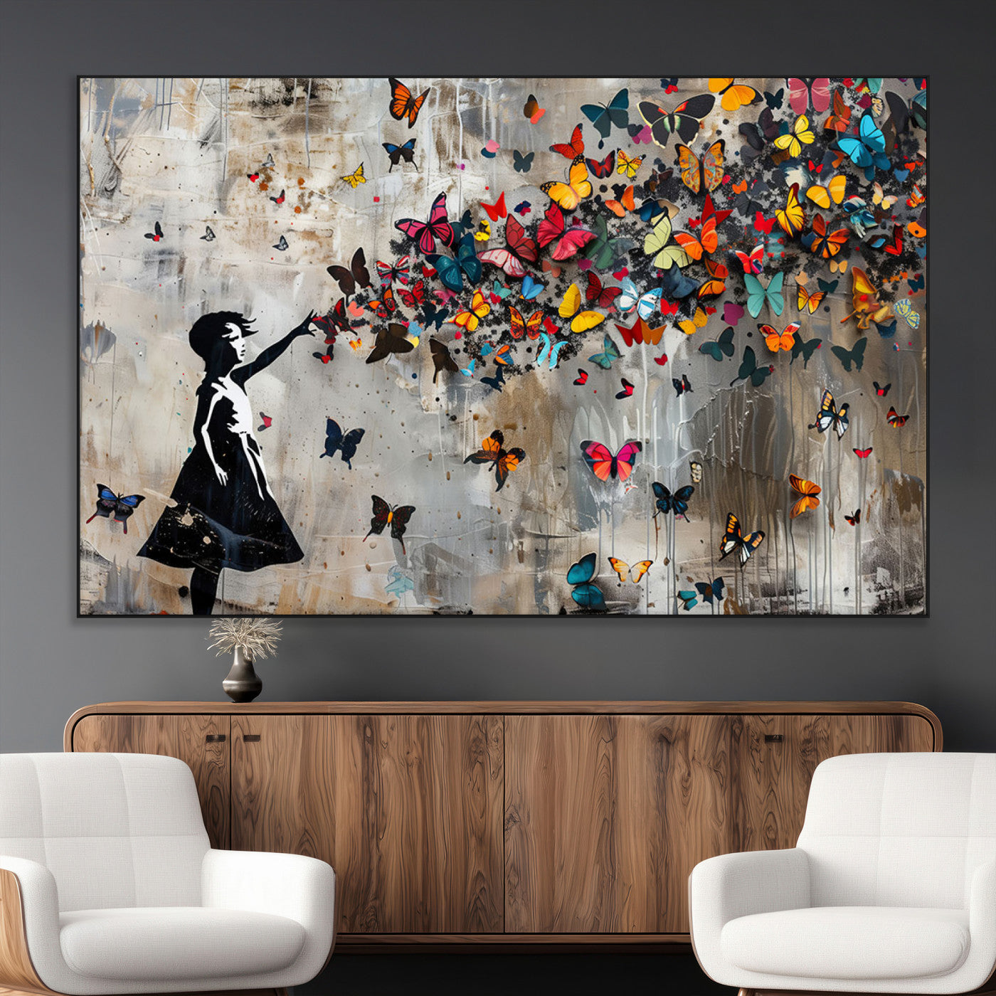 SEG-FC-51X34_Oversize - Framed Banksy Butterfly Girl Wall Art ,3-Piece Butterfly Girl Canvas, Modern Graffiti Canvas Print