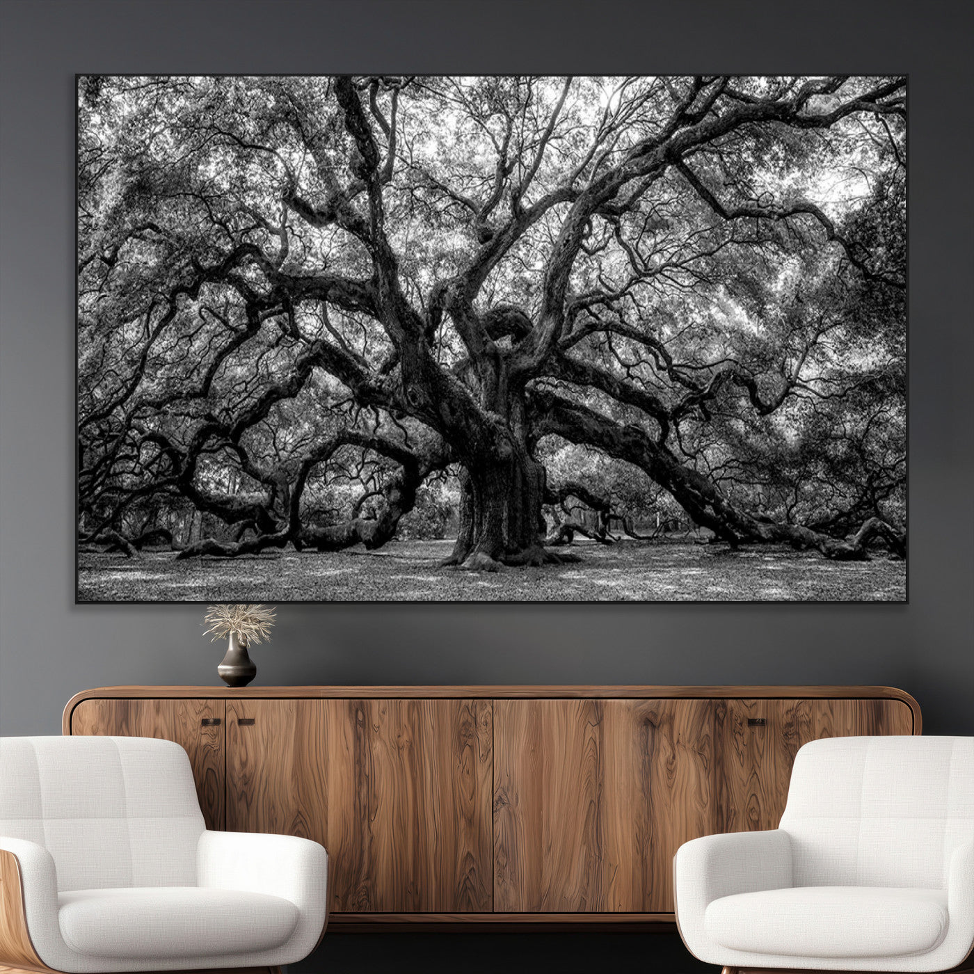 SEG-FC-51X34_Oversize - Black and White Old Angel Oak Tree Wall Art Canvas Print