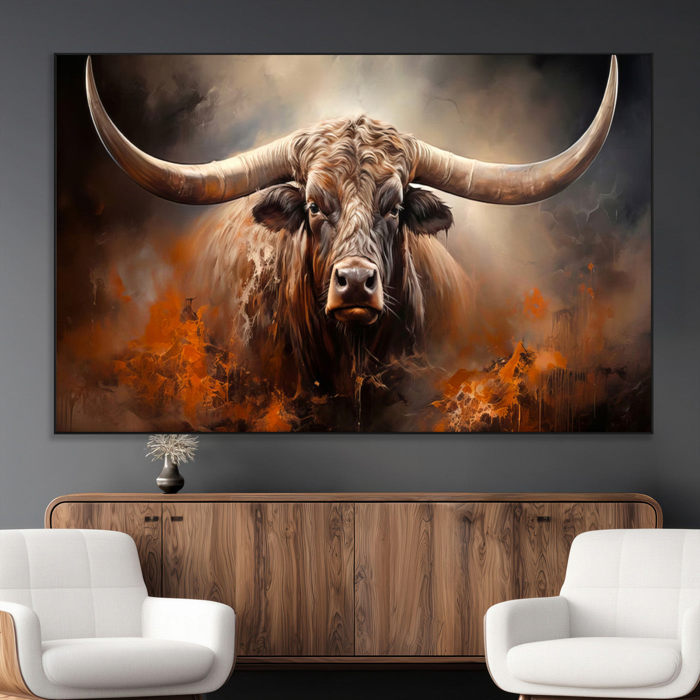 SEG-FC-51X34_Oversize - Highland Bull Canvas Abstract Canvas Wall Art Print – Powerful Highland Bull with Striking Horns in