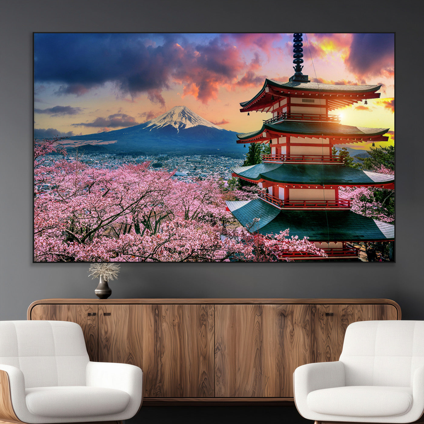 SEG-FC-51X34_Oversize - Mount Fuji & Cherry Blossom Wall Art Canvas Print – Iconic Japanese Landscape, Sakura Pagoda Sunset,