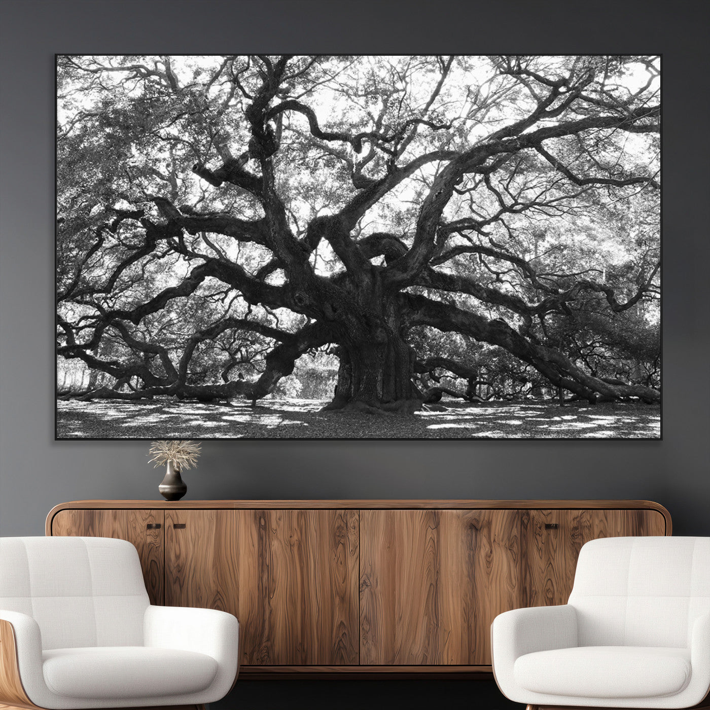 SEG-FC-51X34_Oversize - Ancient Oak Wall Art Canvas Print, Framed Twisted Branches Art Picture Print, Gnarled Tree Perfect Moody Nature Decor Artwork