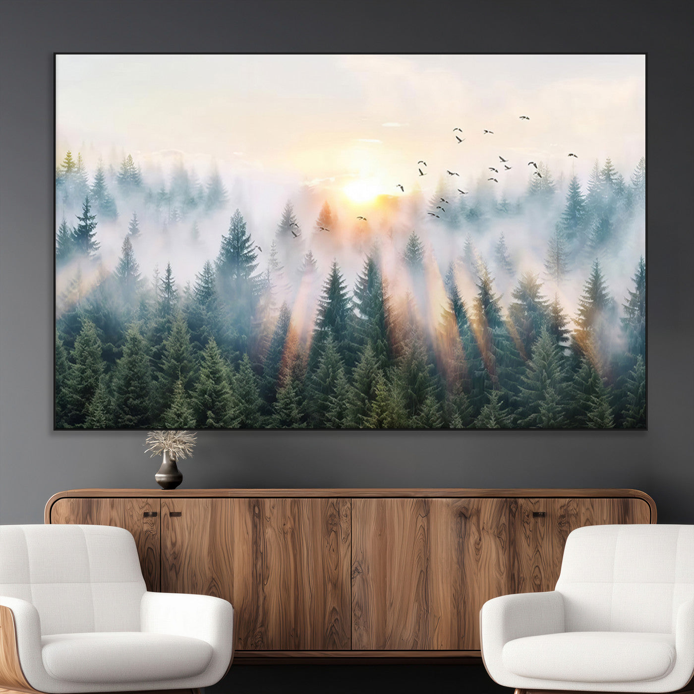 SEG-FC-51X34_Oversize - Misty Pine Forest Wall Art Canvas, Sunrise Over Foggy Trees Canvas for Home - Office, Framed