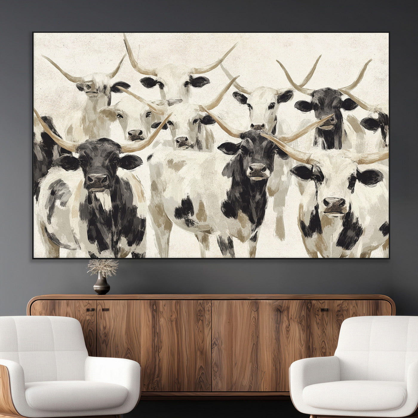 SEG-FC-51X34_Oversize - Longhorn Texas Cow Drawing Abstract Wall Art Canvas Print for Farmhouse Decor, Texas Bull Printing
