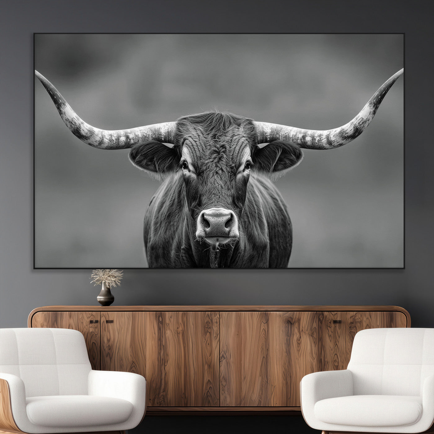 SEG-FC-51X34_Oversize - Framed Texas Longhorn Bull Art Canvas Print, Western Bull Wall Art Print, Long Horn Bull Photo Print