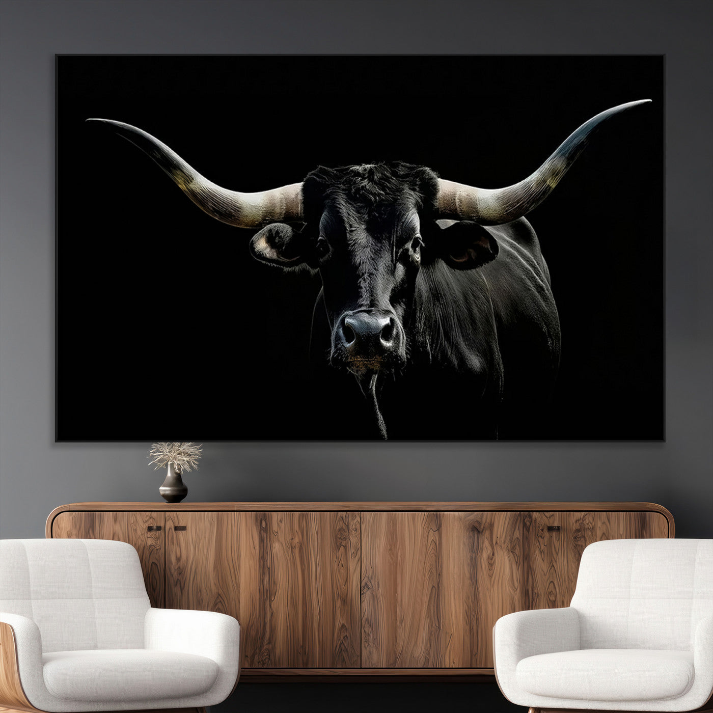 SEG-FC-51X34_Oversize - Texas Black Bull Wall Art Print, Longhorn Bull Canvas Wall Art