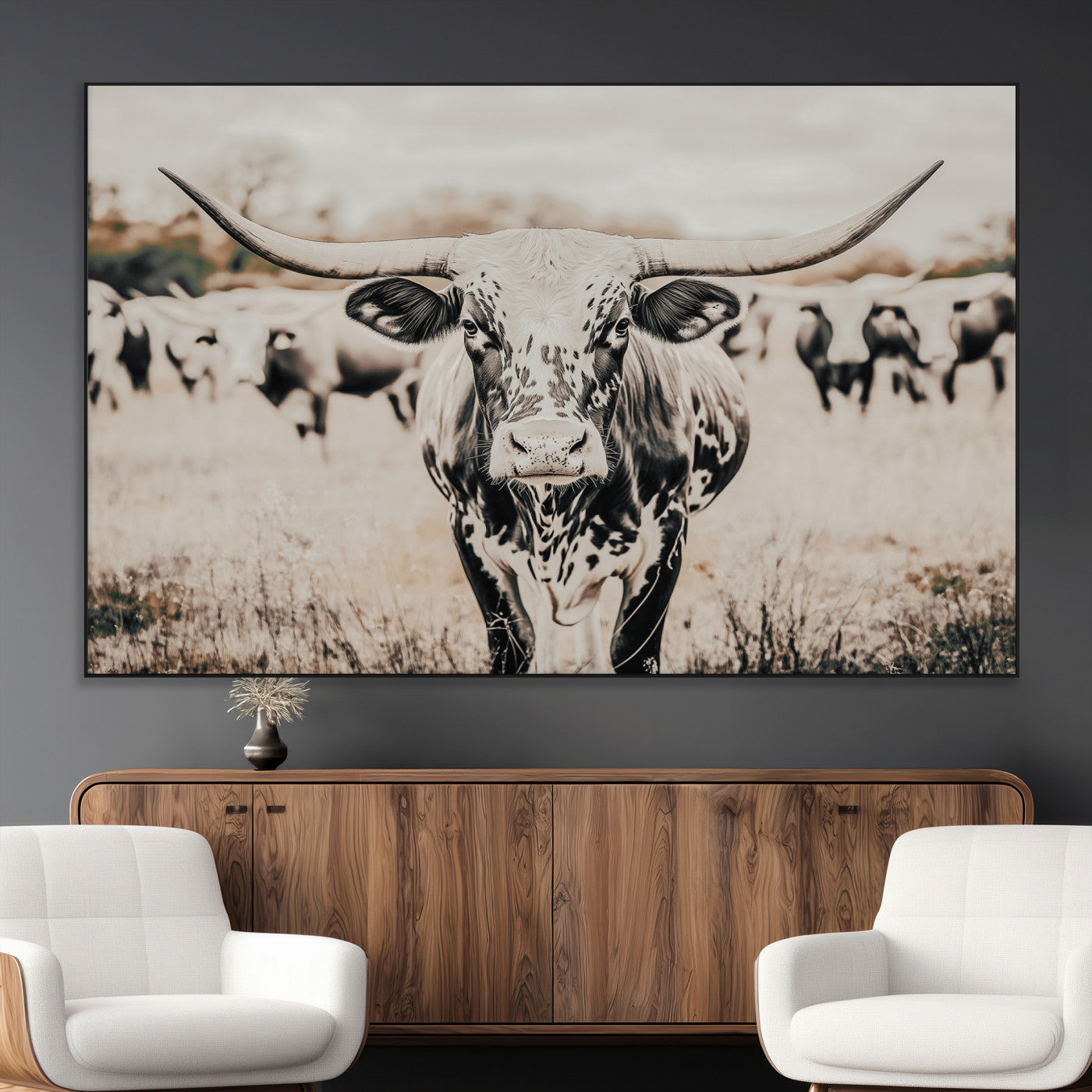 SEG-FC-51X34_Oversize - Texas Longhorn Wall Art Canvas Print, Framed Speckled Cow Art Picture Print, Horned Cattle Perfect Rustic Western Decor Artwork