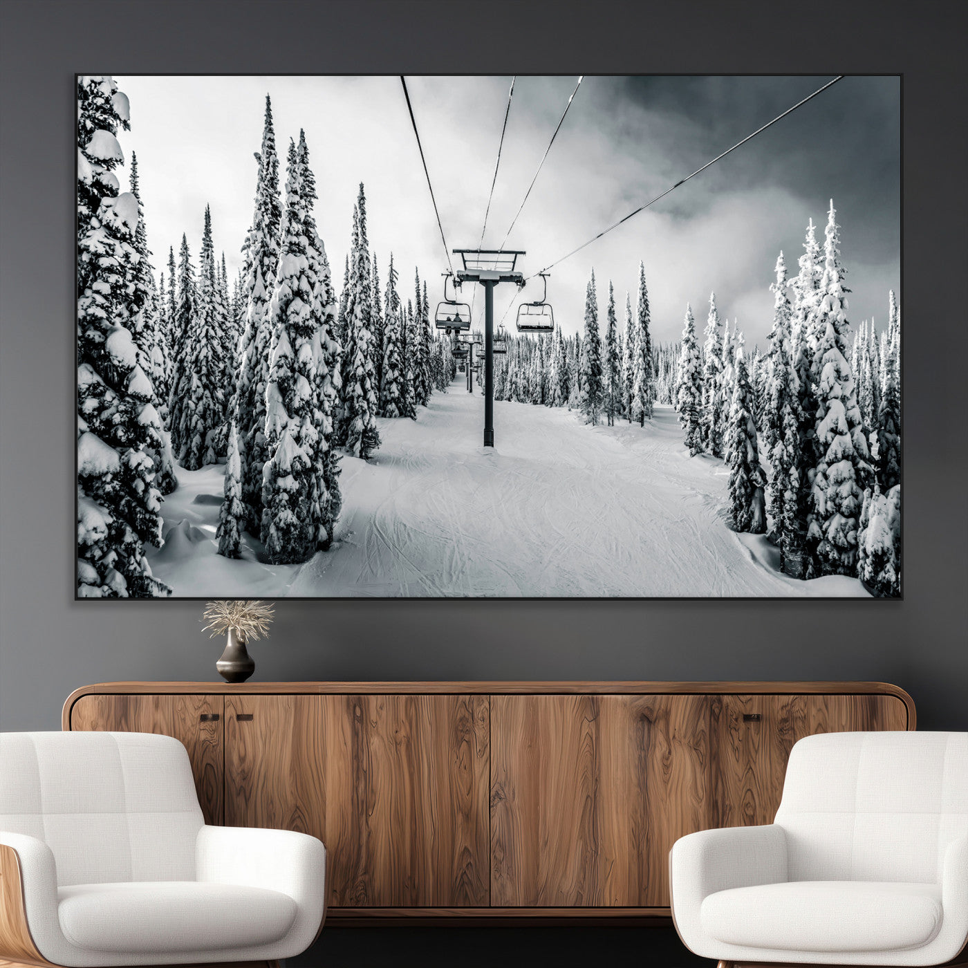 SEG-FC-51X34_Oversize - Snowy Pines Wall Art Canvas Print, Framed Ski Lift Art Picture Print, Winter Forest Perfect Moody Lodge Decor Artwork