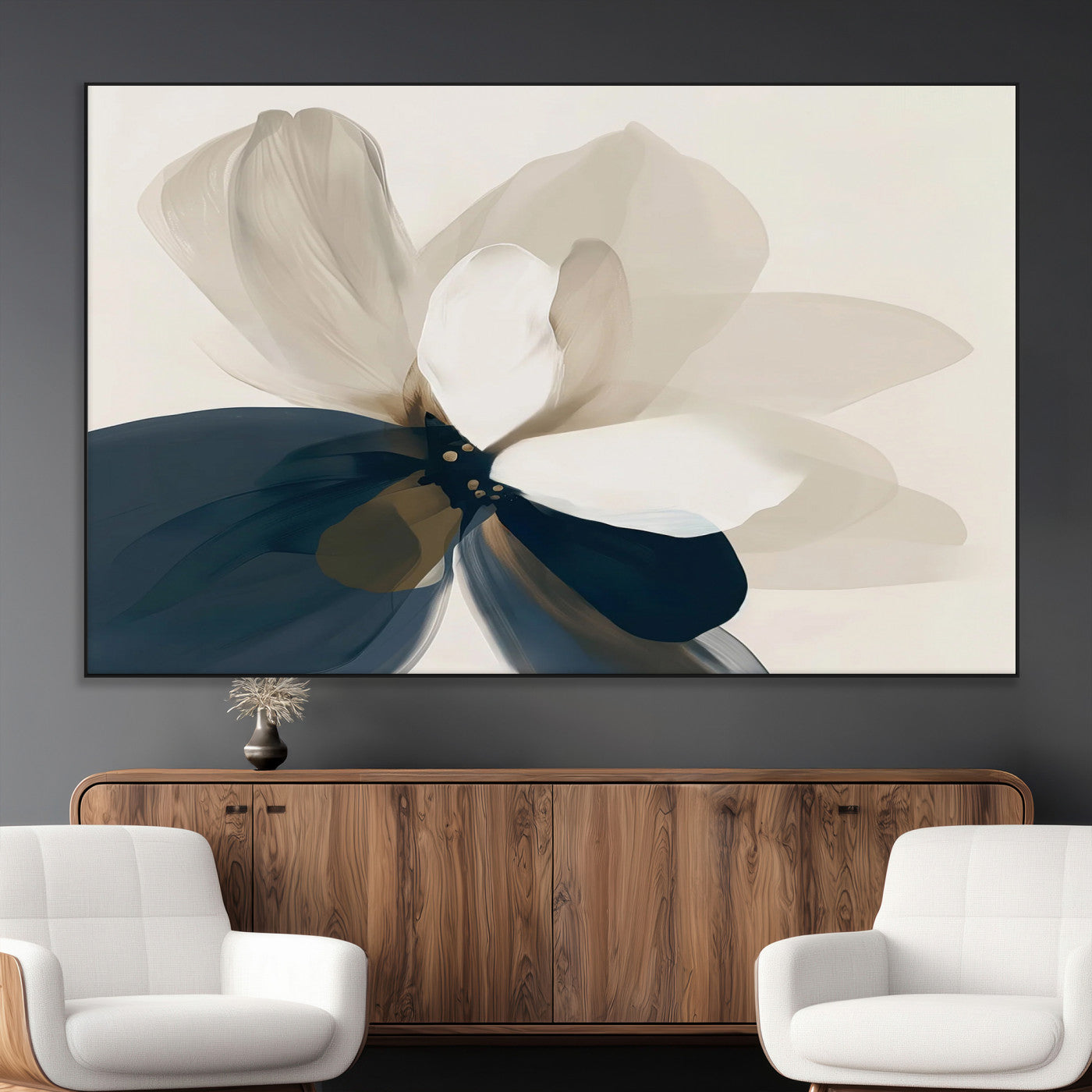 SEG-FC-51X34_Oversize - Minimal Flower Wall Art Canvas Print, Framed Flower Drawing Art Picture Print, Beige Bloom Perfect Modern Botanical Decor Artwork