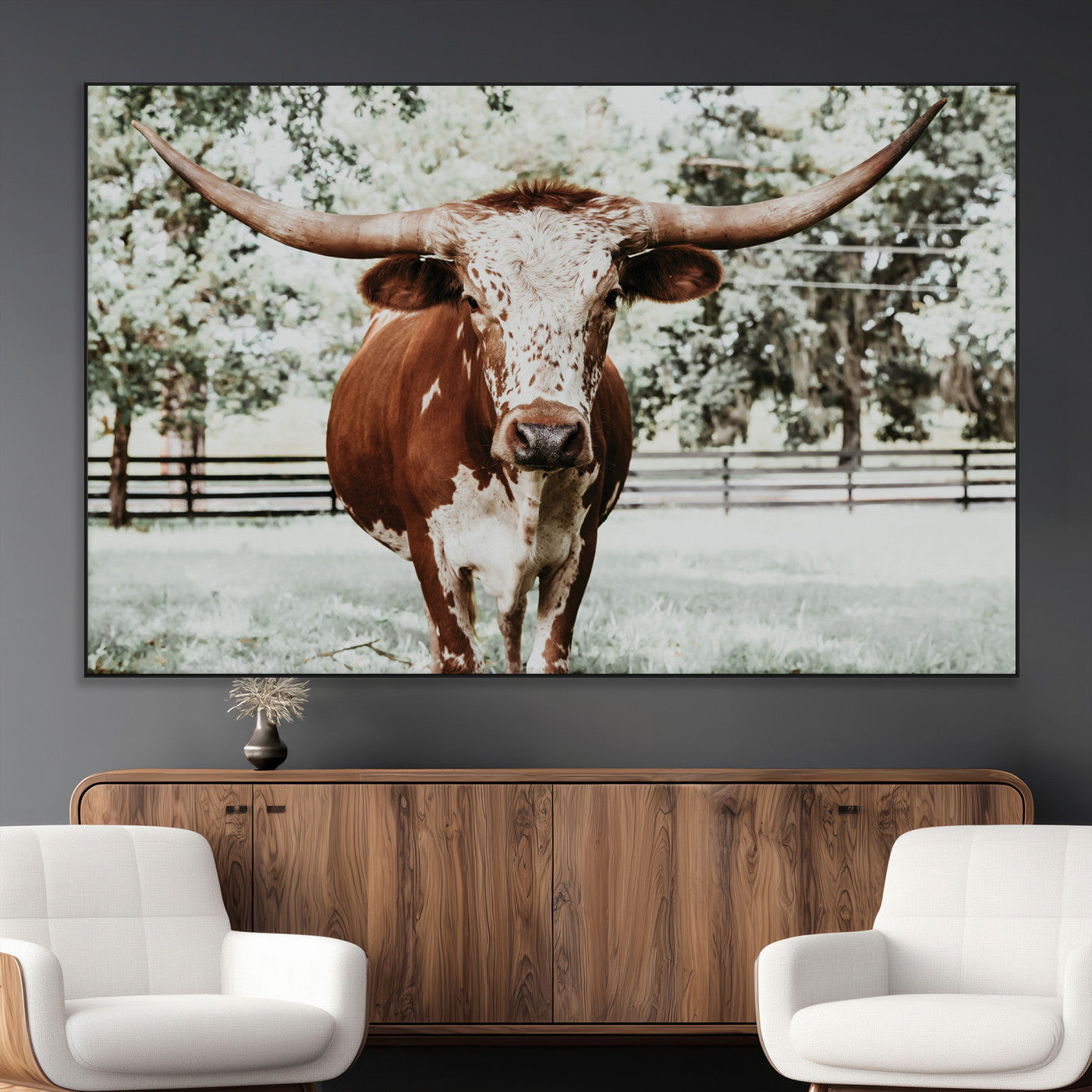 SEG-FC-51X34_Oversize - Texas Longhorn Wall Art Canvas Print, Framed Spotted Cow Art Picture Print, Horned Cattle Perfect Rustic Western Decor Artwork