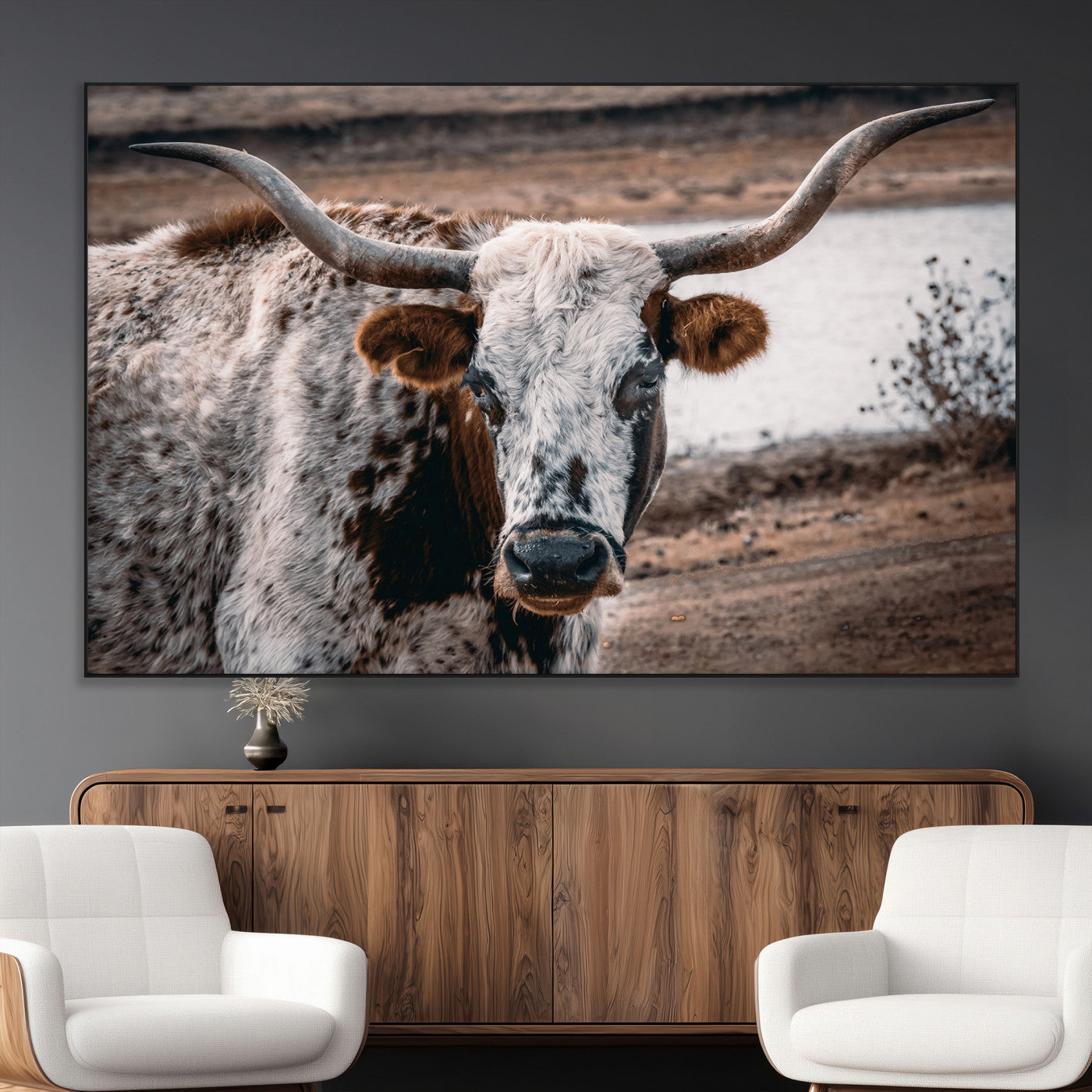 SEG-FC-51X34_Oversize - Texas Longhorn Wall Art Canvas Print, Framed Spotted Cow Art Picture Print, Horned Cattle Perfect Rustic Western Decor Artwork
