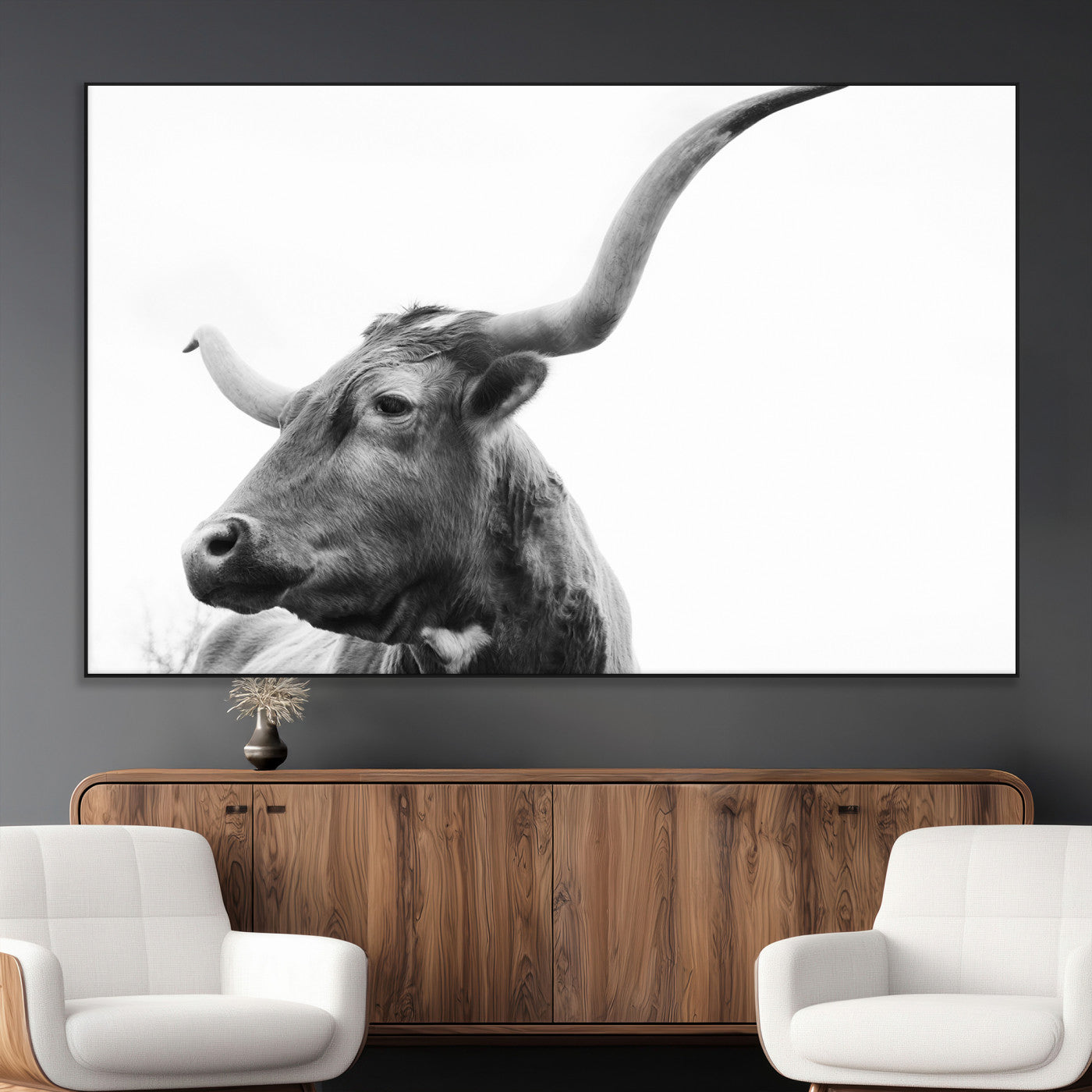 SEG-FC-51X34_Oversize - Longhorn Wall Art Wall Art Canvas Print, Framed Modern Ranch Style Art Art Picture Print, Monochrome Cow Print Perfect Rustic Western Decor Artwork