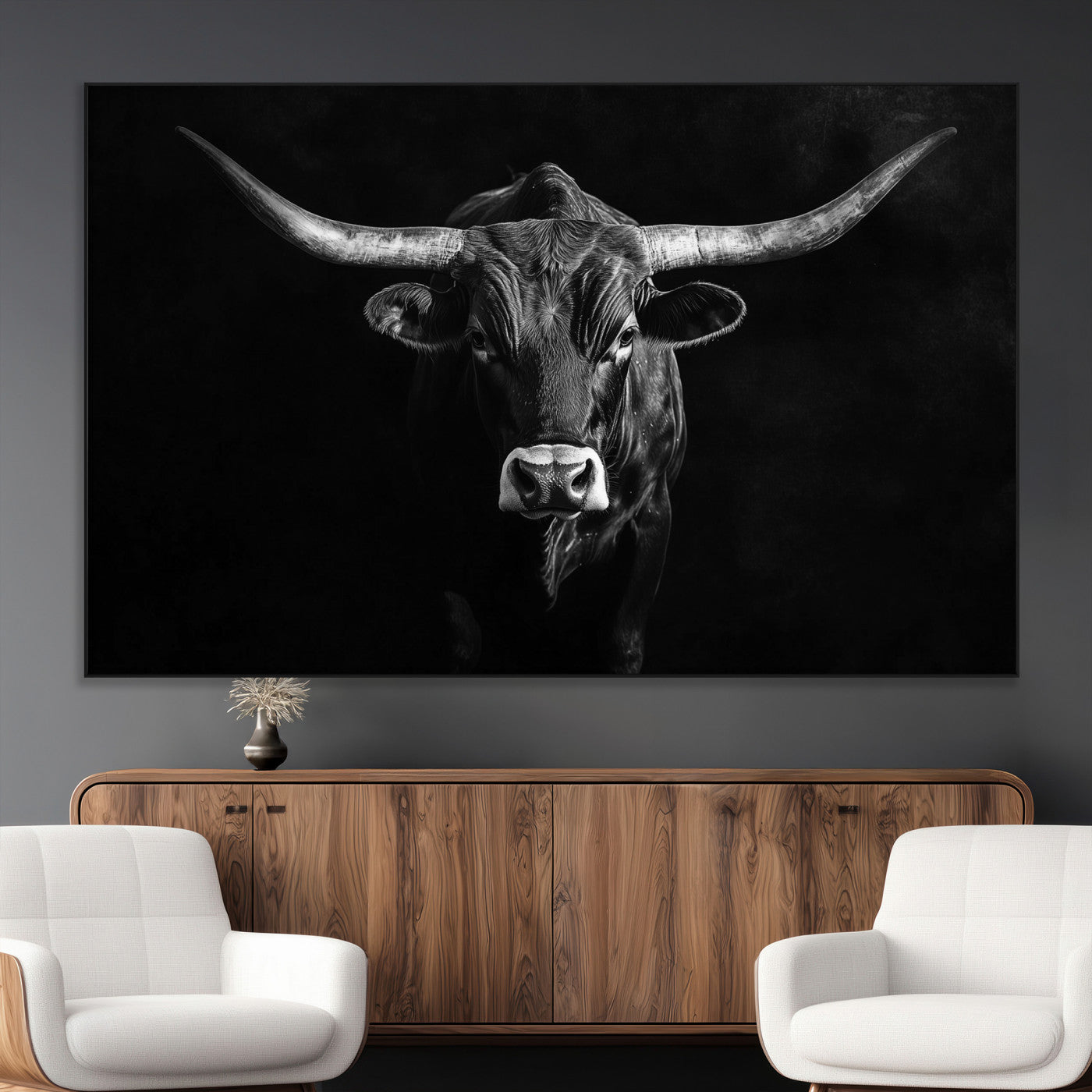 SEG-FC-51X34_Oversize - Texas Longhorn Wall Art Canvas Print, Framed Monochrome Bull Art Picture Print, Horned Bull Perfect Rustic Western Decor Artwork