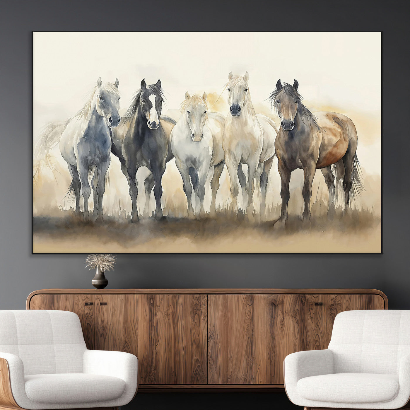 SEG-FC-51X34_Oversize - Wild Horses Wall Art Canvas Print, Framed Running Horses Art Picture Print, Watercolor Horses Perfect Rustic Western Decor Artwork